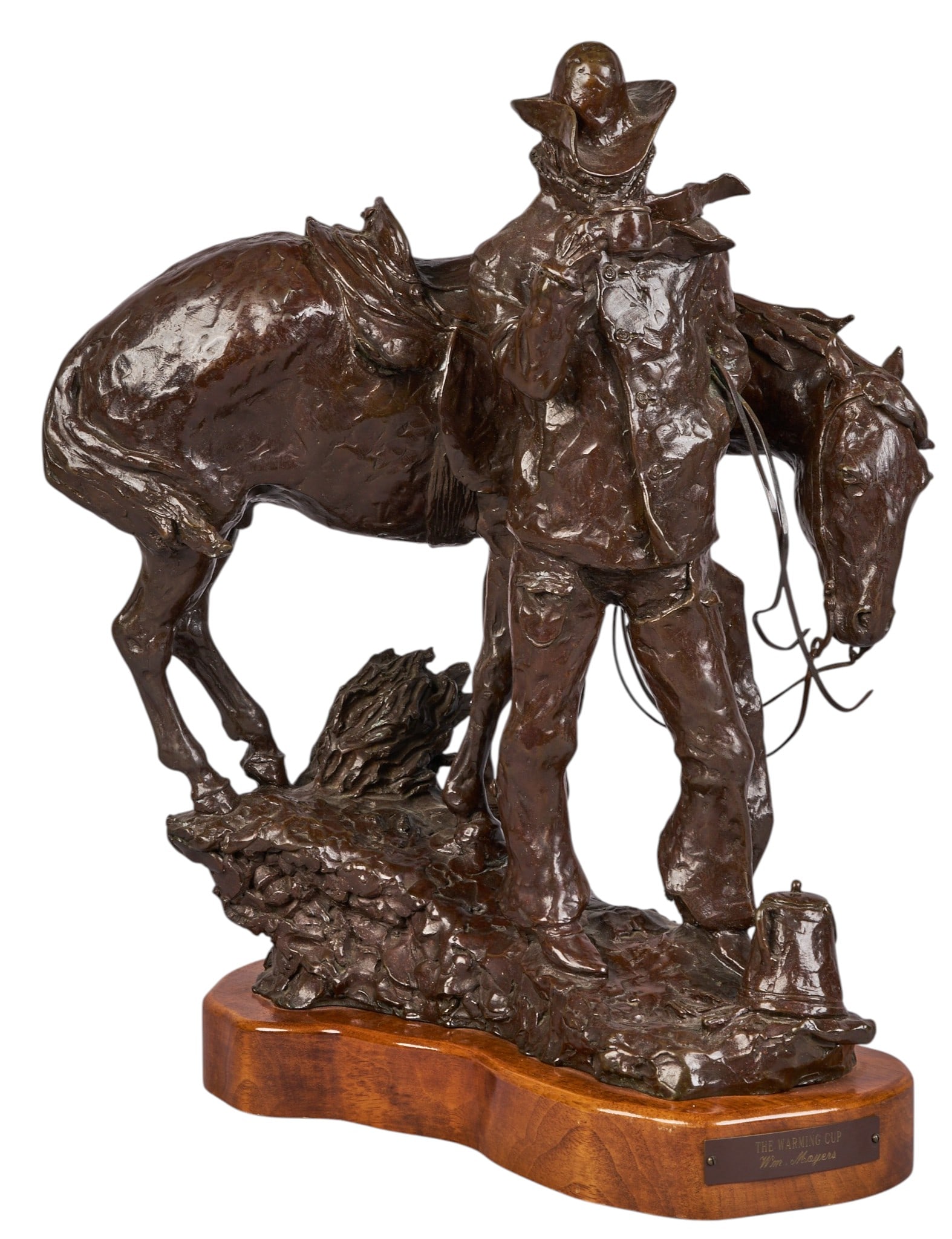 William Moyers, "The Warming Cup": William Moyers (New Mexico, 1916-2010), "The Warming Cup", artist-cast bronze sculpture on wooden base, with incised signature and edition number 1/30 height 19 in. x width