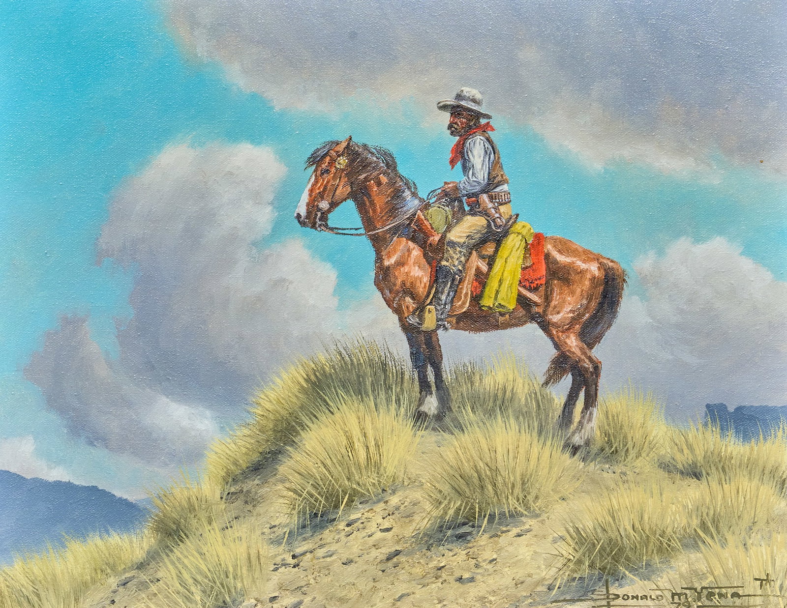 Donald Yena, "Lone Watcher": Donald M. Yena (Amer., b. 1933), "Lone Watcher", oil on canvas, artist's inscription on the stretcher bar with signature, title, and date, 1979 sight: 14 x 18 in., frame: 27 x