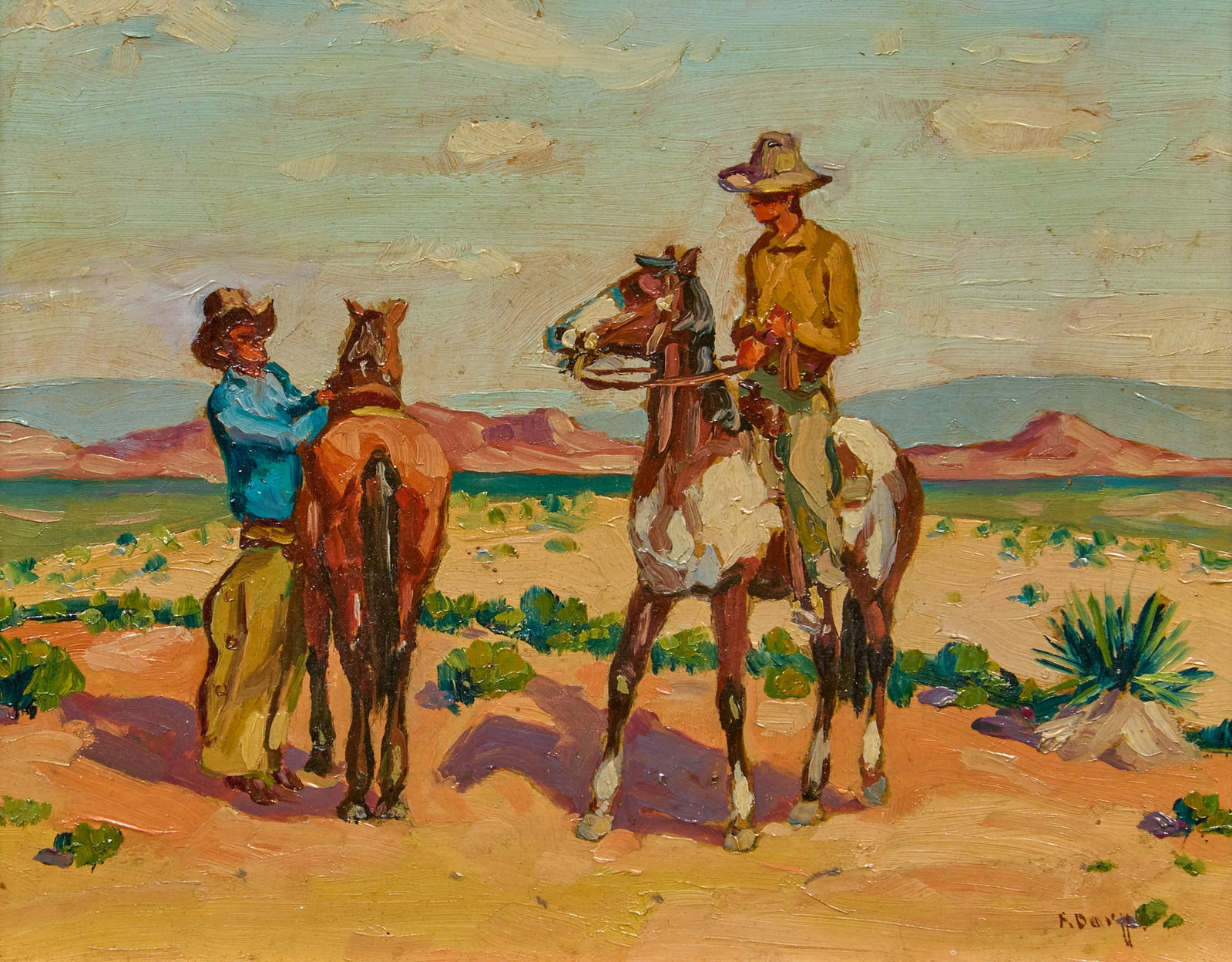 Fred Darge, Cowboys in West Texas: Fred Darge (Texas, 1900-1978), two cowboys in West Texas, oil on panel, signed lower right sight: 6 x 8 in., frame: 11 x 12 in. Provenance: Property from a Kerens, Texas collection 