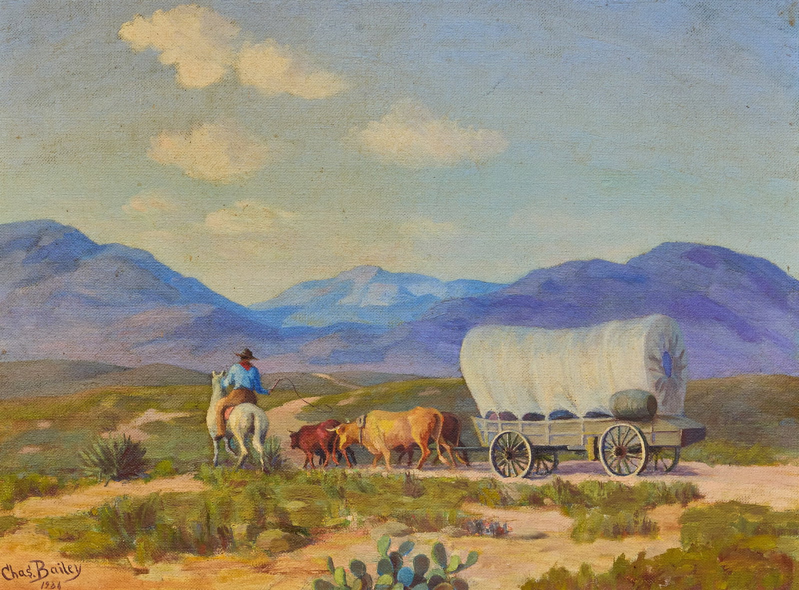 Charles Bailey, Cowboy and Wagon, 1936: Charles Bailey (Amer., 19th-20th C.), cowboy and covered wagon out West, oil on panel, signed and dated lower left, 1936 sight: 18 x 24 in., frame: 24 x 30 in. Provenance: Property from a home