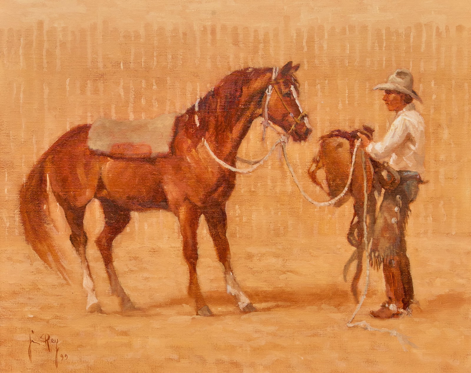 Jim Rey, "Something New": Jim Rey (California, b. 1939), "Something New", oil on canvas, signed and dated lower left, 1999 sight: 16 x 20 in., frame: 26 x30 Provenance: Property from a ranch near