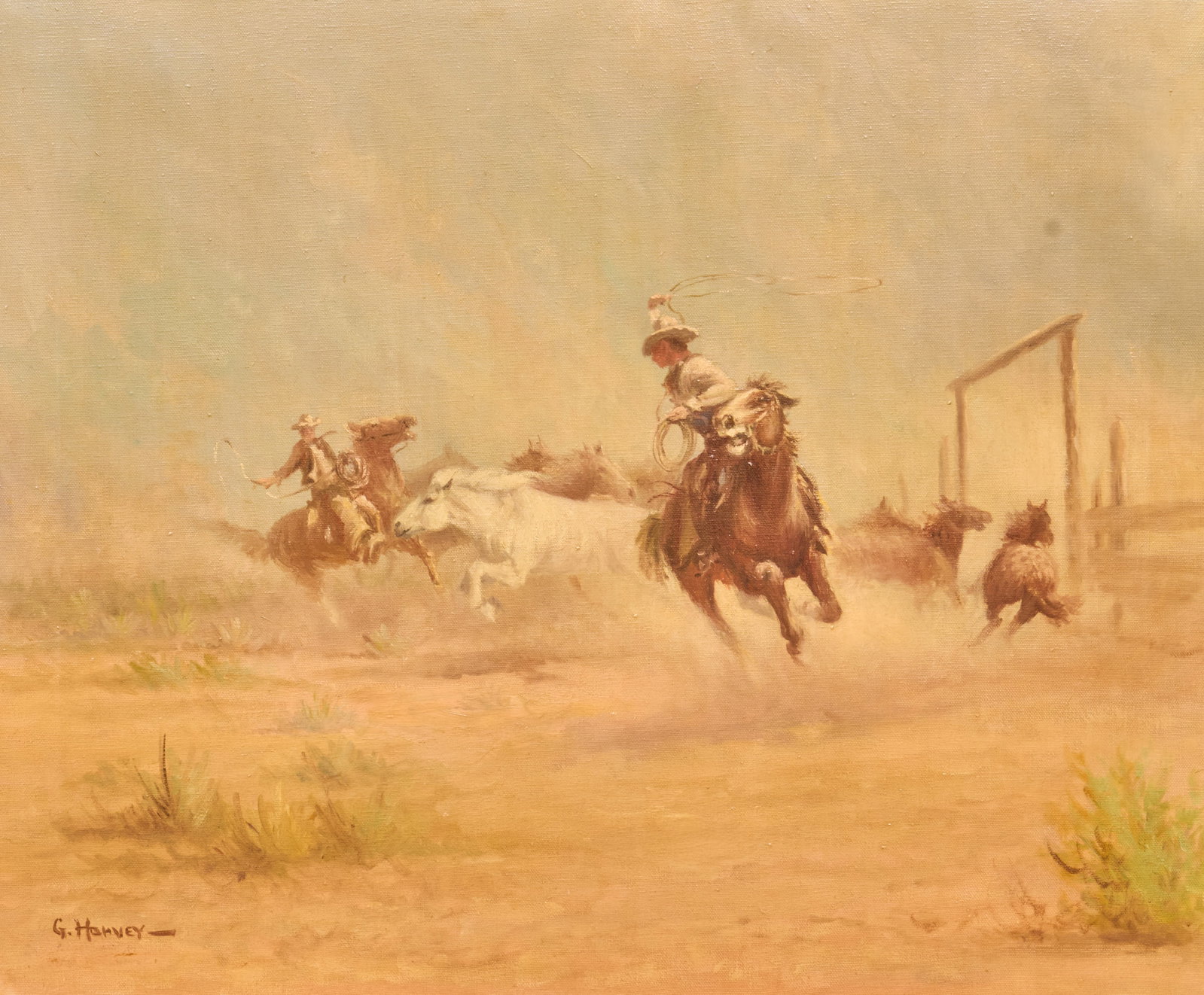 G. Harvey, "Break for Freedom": G. Harvey (Gerald Harvey Jones, Texas, 1933-2017), "Break for Freedom", oil on canvas, signed lower left sight: 20 x 24 in., frame: 24 x 28 in. Provenance: Property from a home in