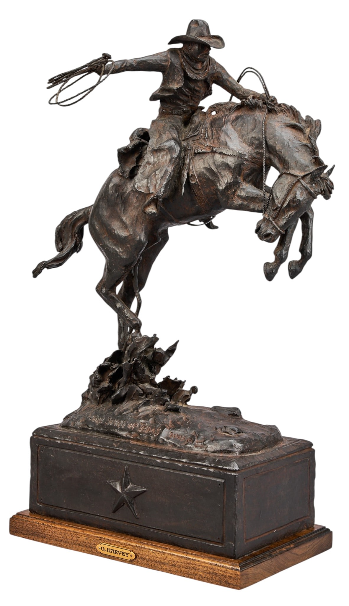 G. Harvey, "The Spirit of Texas": G. Harvey (Gerald Harvey Jones, Texas, 1933-2017), "The Spirit of Texas", artist-cast bronze sculpture on continuous bronze plinth and wooden pedestal base, with incised