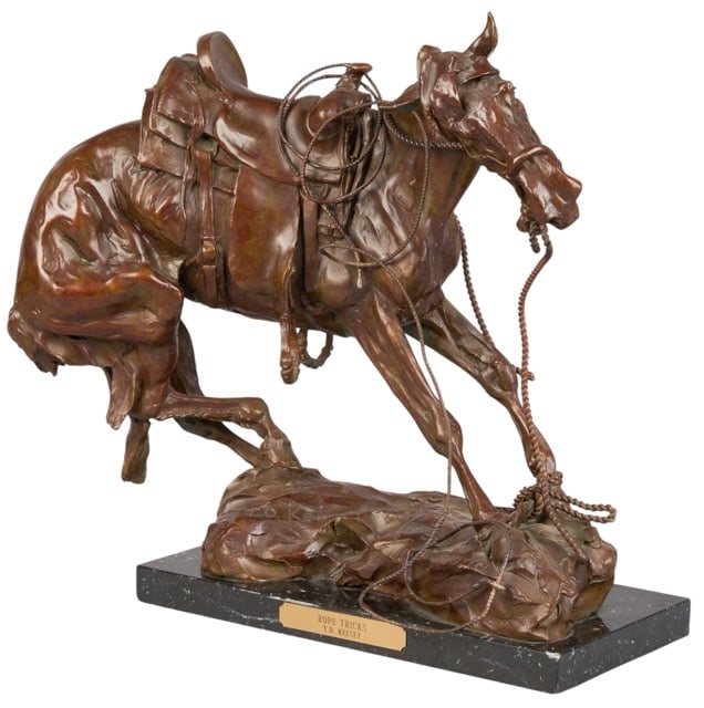 T. D. Kelsey, "Rope Tricks": Terry Duen Kelsey (Montana, b. 1946), "Rope Tricks", artist-cast bronze sculpture on black stone base, with incised signature, edition number 8/10, and date, 1990 height 12 in. x width 13