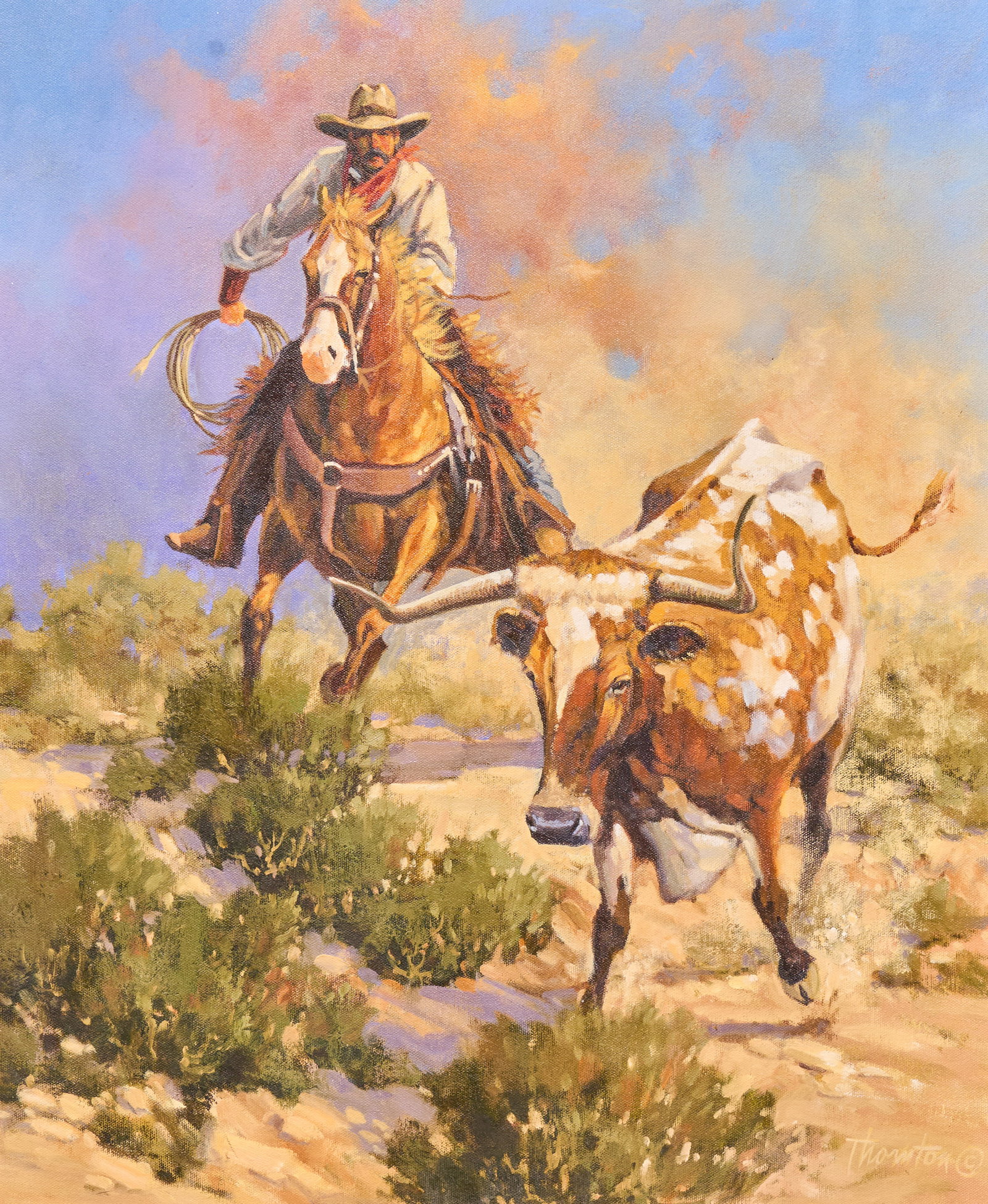 Gary Jack Thornton, "Pushin' A Wild One": Gary Jack Thornton (Oklahoma / Montana / Texas, b. 1941), "Pushin' A Wild One", oil on canvas, signed lower right, signed again and titled on the verso sight: 24 x 20 in., frame: