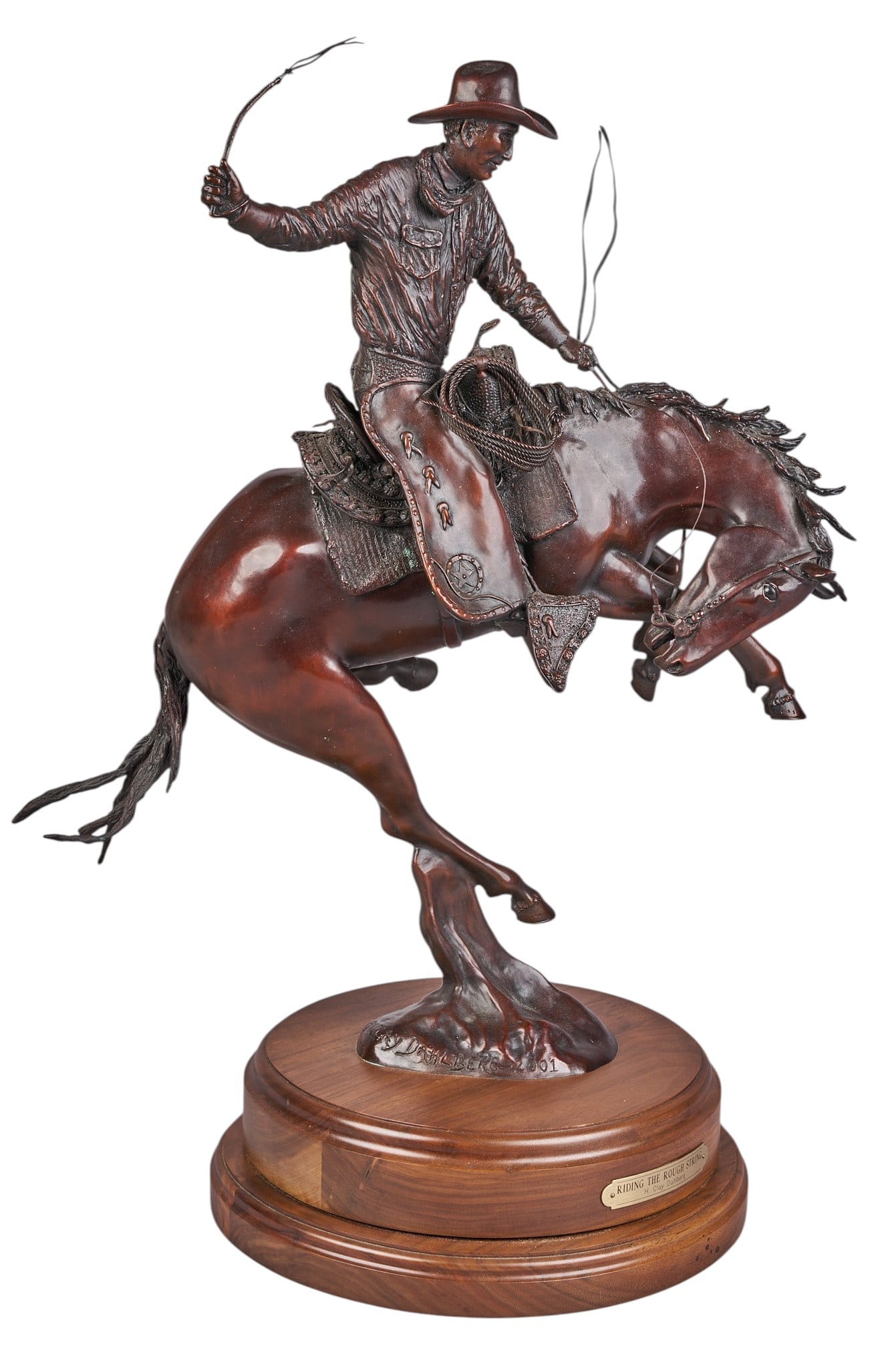 H. Clay Dahlberg, "Riding the Rough String": Houston Clay Dahlberg (Texas, 1946-2021), "Riding the Rough String", artist-cast bronze sculpture on wooden base, with incised signature, edition number 3/40, and date, 2001 height 24