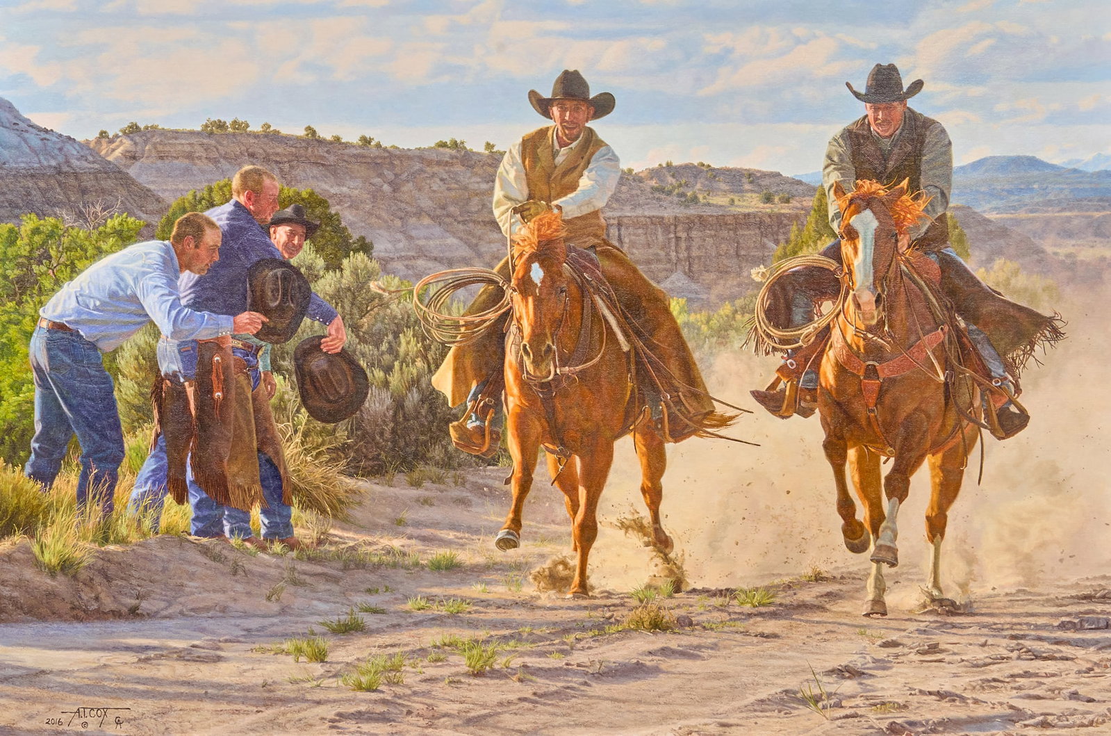 Tim Cox, "For Bragging Rights": Alden Tim Cox (New Mexico / Arizona, b. 1957), "For Bragging Rights", oil on wood panel, signed and dated lower left, 2016 sight: 24 x 36 in., frame: 37 x 50 in. Provenance: Property from