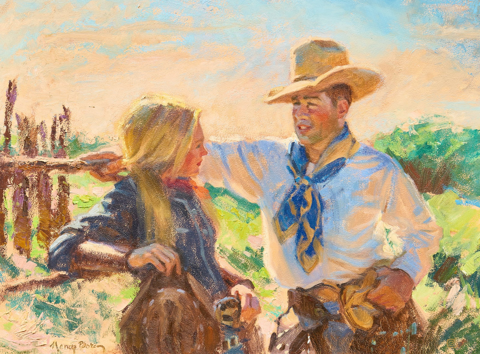 Nancy Boren, "You Had Me at Howdy": Nancy Boren (Texas, b. 1955), "You Had Me at Howdy", oil on panel, signed lower left, artist's inscription on the verso with signature, title, and date, 2009 sight: 18 x 24 in.,