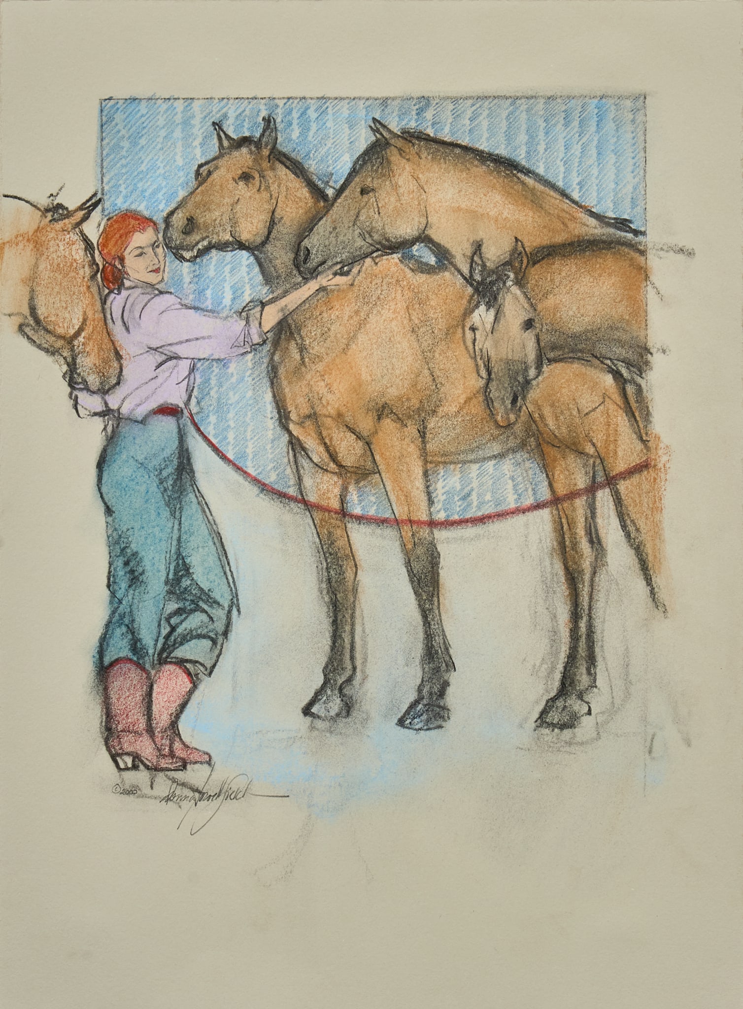 Donna Howell-Sickles, "Buckskins": Donna Howell-Sickles (Texas, b. 1949), "Buckskins", mixed media on paper, with original gallery tag from Meyers Gallery (Santa Fe, New Mexico) sight: 15 x 11 in., frame: 20 x