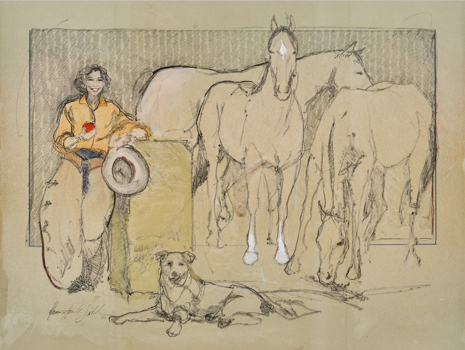 Donna Howell-Sickles, "Deer Creek Horses": Donna Howell-Sickles (Texas, b. 1949), "Deer Creek Horses", mixed media monotype on paper, with original gallery tag from Meyers Gallery (Santa Fe, New Mexico) sight: