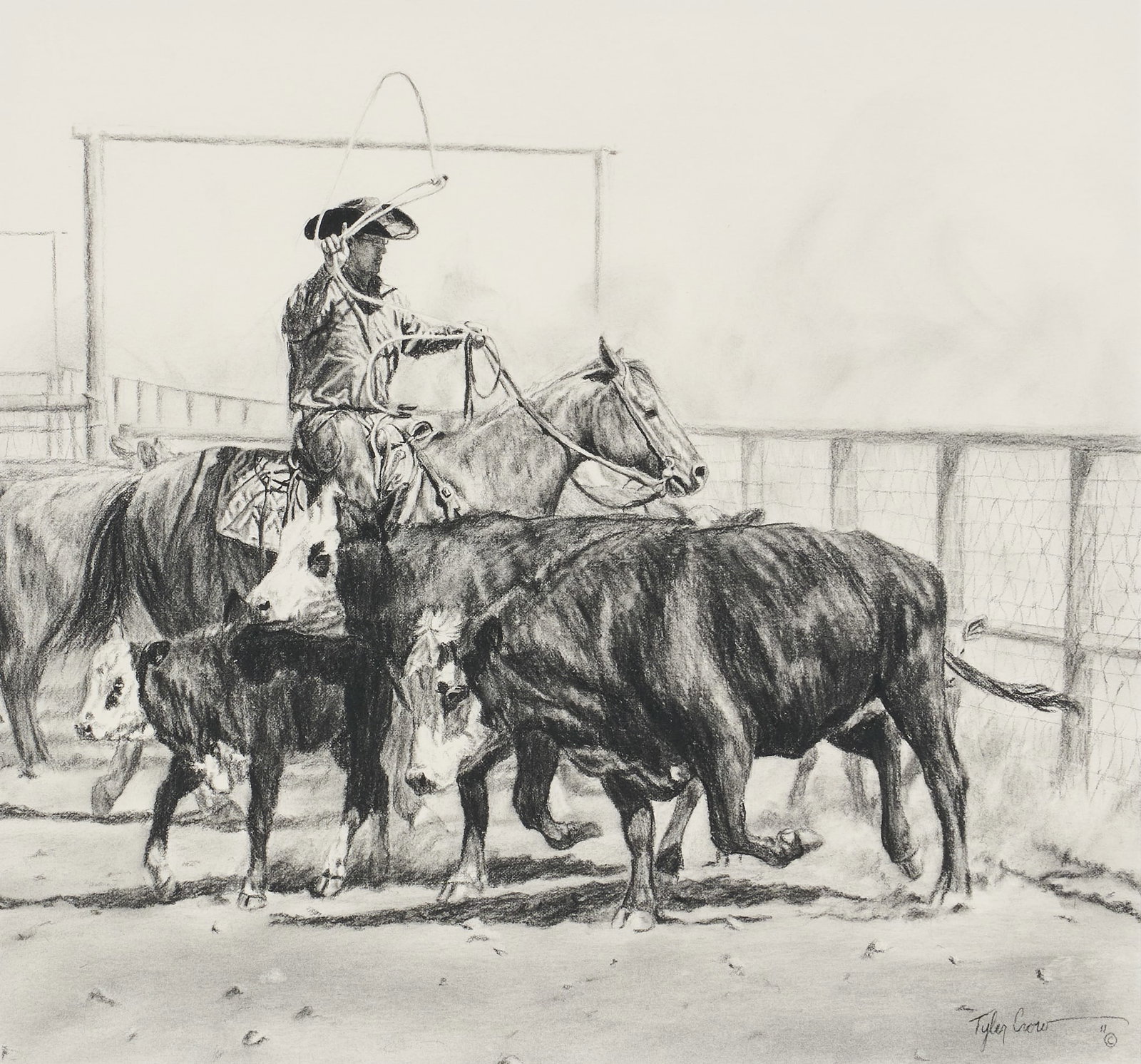Tyler Crow, "Hide and Seek": Tyler Crow (Amer., b. 1989), "Hide and Seek", charcoal on paper, signed lower right sight: 16 x 17 in., frame: 26 x 26 in. Provenance: Property from a collector in Claude, Texas Tyler Crow