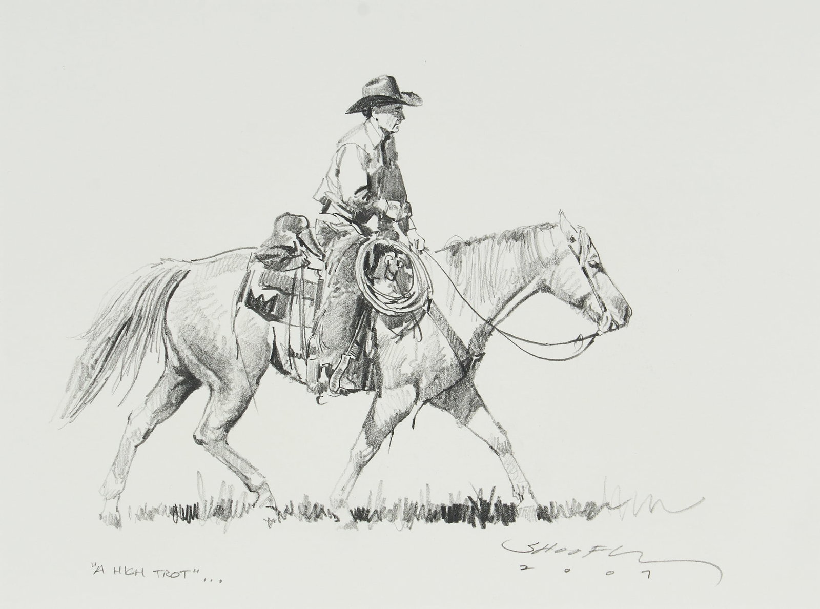 Robert "Shoofly" Shufelt, "A High Trot": Robert "Shoofly" Shufelt (Arizona / New Mexico, b. 1935), "A High Trot", pencil on paper, signed and dated lower right, 2007 sight: 9 x 12 in., frame: 19 x 22 in. Provenance: