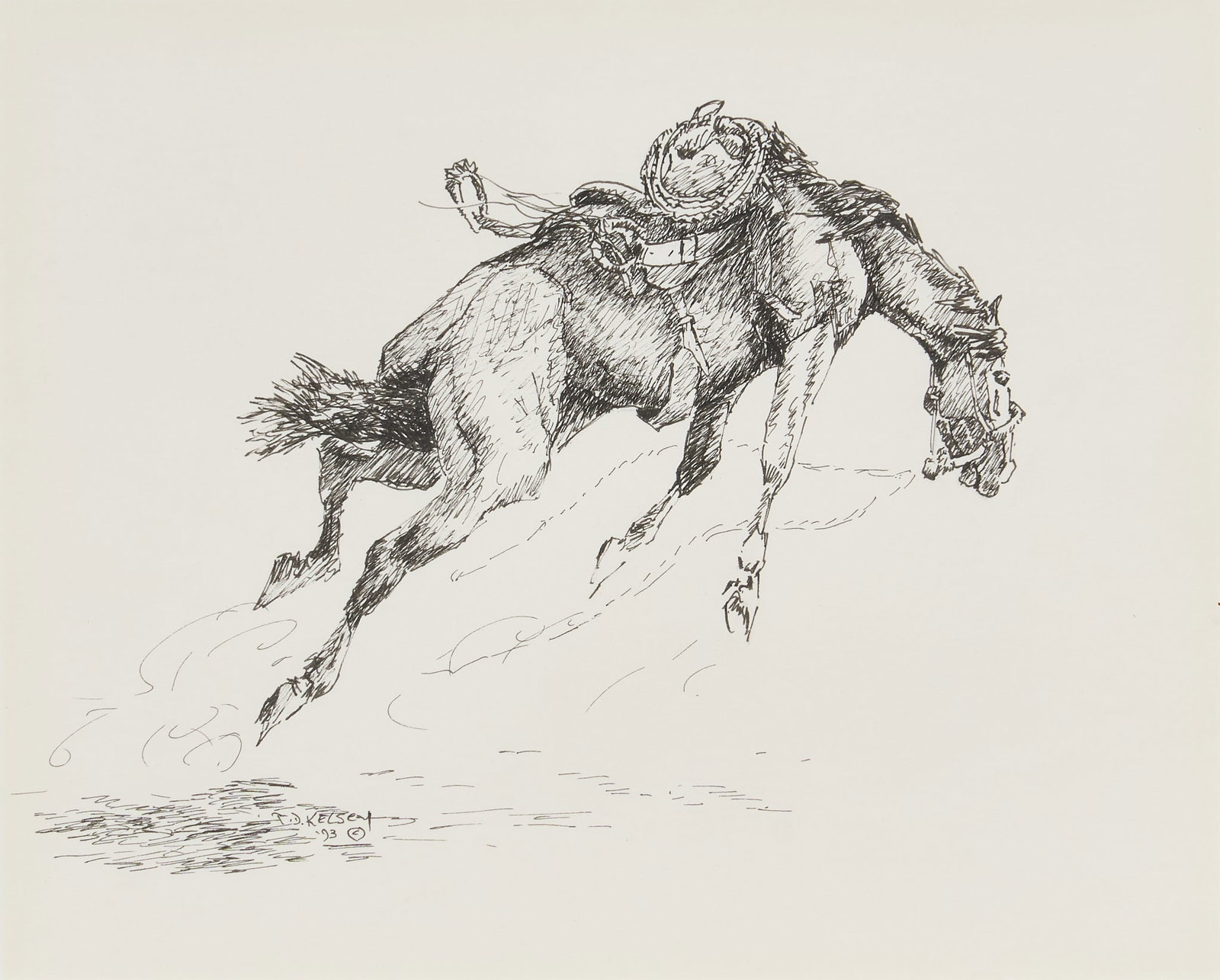 T. D. Kelsey, "Fresh and Fancy Free": Terry Duen Kelsey (Montana, b. 1946), "Fresh and Fancy Free", ink on paper, signed and dated lower left, 1993 sight: 8 x 11 in., frame: 17 x 18 in. Provenance: Property from