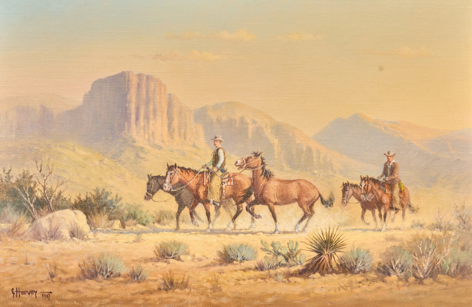 G. Harvey, "Spirited Mount", 1967: G. Harvey (Gerald Harvey Jones, Texas, 1933-2017), "Spirited Mount", oil on canvas, signed and dated lower left, 1967, with G. Harvey Gallery (Austin, Texas) framing label on the