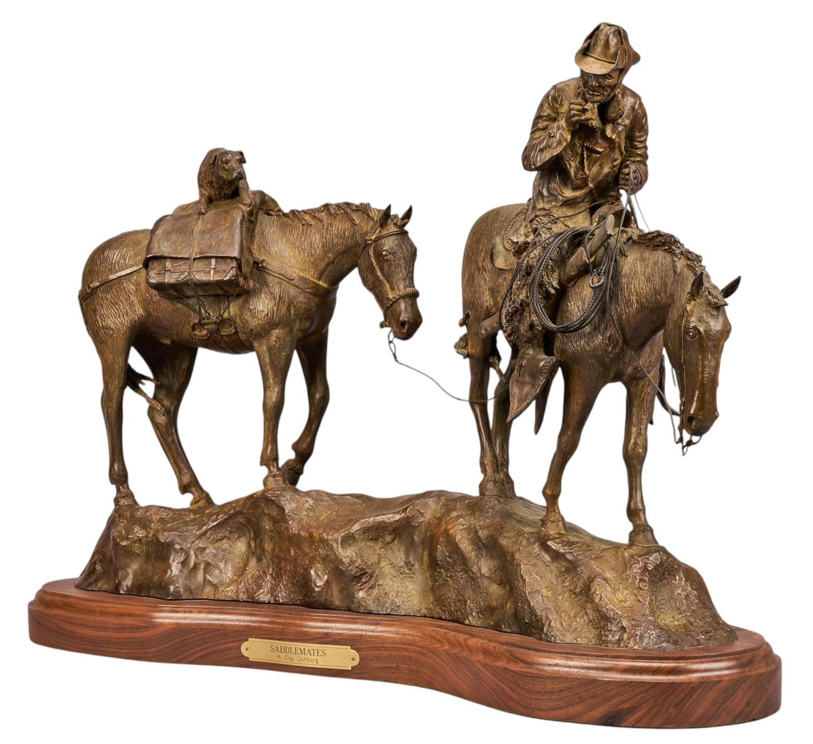 H. Clay Dahlberg, "Saddlemates": H. Clay Dahlberg (Texas, b. 1946), "Saddlemates", artist-cast bronze sculpture on wooden base, with incised signature, edition number 5/50, and date, 1990 height 21.5 in. x width