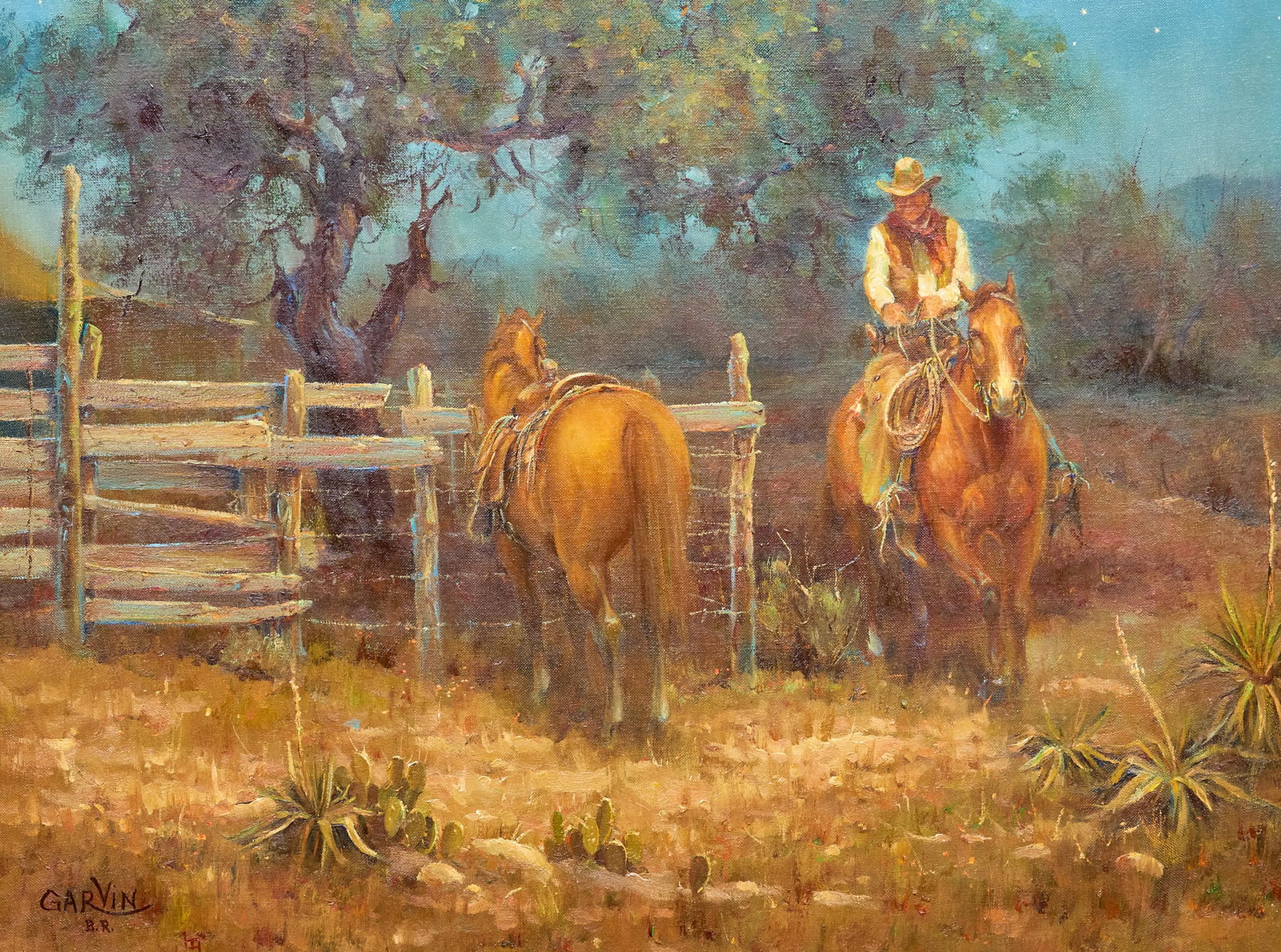 Barbara Garvin, "Night Rider": Barbara Ruth Garvin (California, b. 1936), "Night Rider", oil on canvas, signed lower left, titled and dated on the verso, 1980 sight: 18 x 24 in., frame: 30 x 35 in. Provenance: