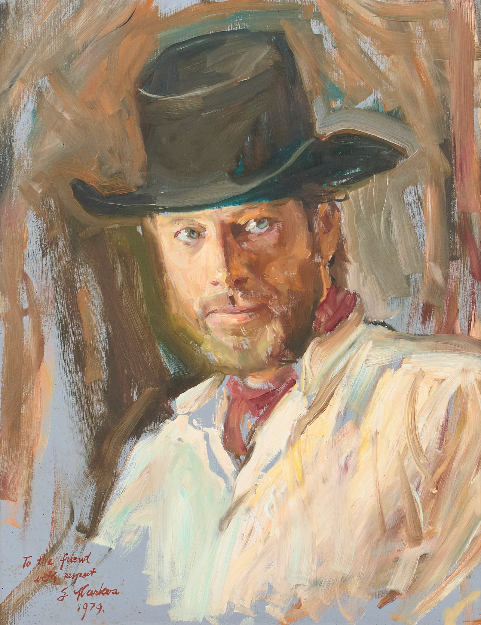 Lajos Markos, The Outlaw Josey Wales: Lajos Markos (Hungary / Texas, 1917-1993), portrait of actor and director Michael Parks in the role of outlaw Josey Wales, oil on panel, dedicated by the artist at lower left, signed and dated lower