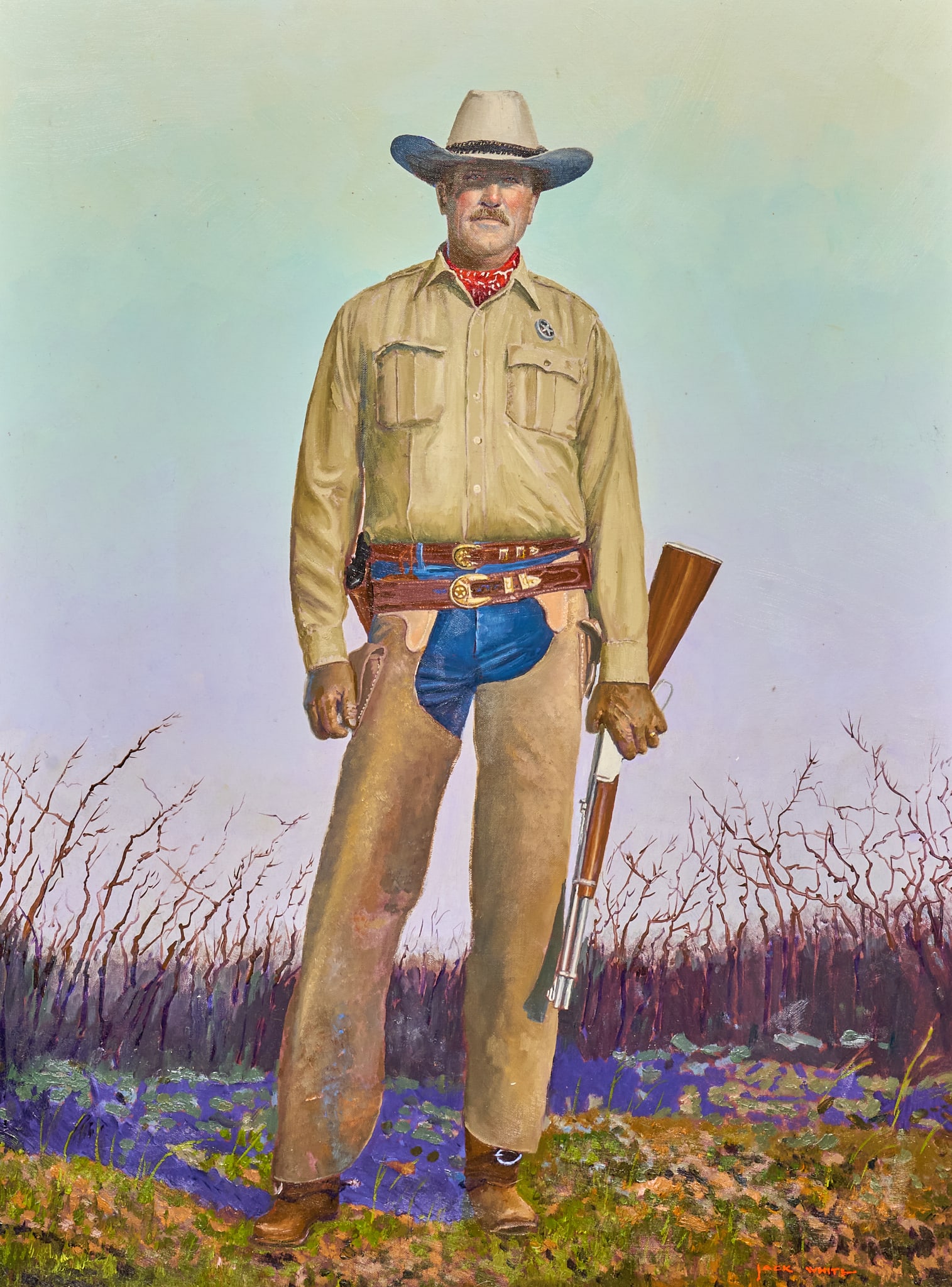Jack White, "One Ranger": Jack White (Texas, 1933-2016), "One Ranger" (depicting famed Texas Ranger Joaquin Jackson), oil on board, signed lower right sight: 40 x 30 in., frame: 52 x 42 in. Provenance: