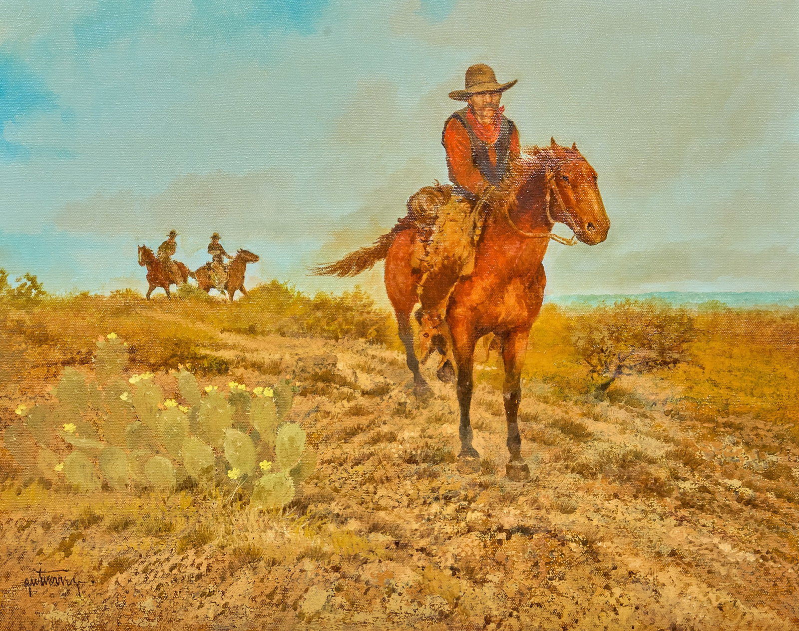 Raul Gutierrez, "A Run for Life": Raul Gutierrez (Texas, b. 1935), "A Run for Life", oil on canvas, signed lower left, titled on the verso sight: 16 x 20 in., frame: 23 x 27 in. Provenance: Property from a home in San