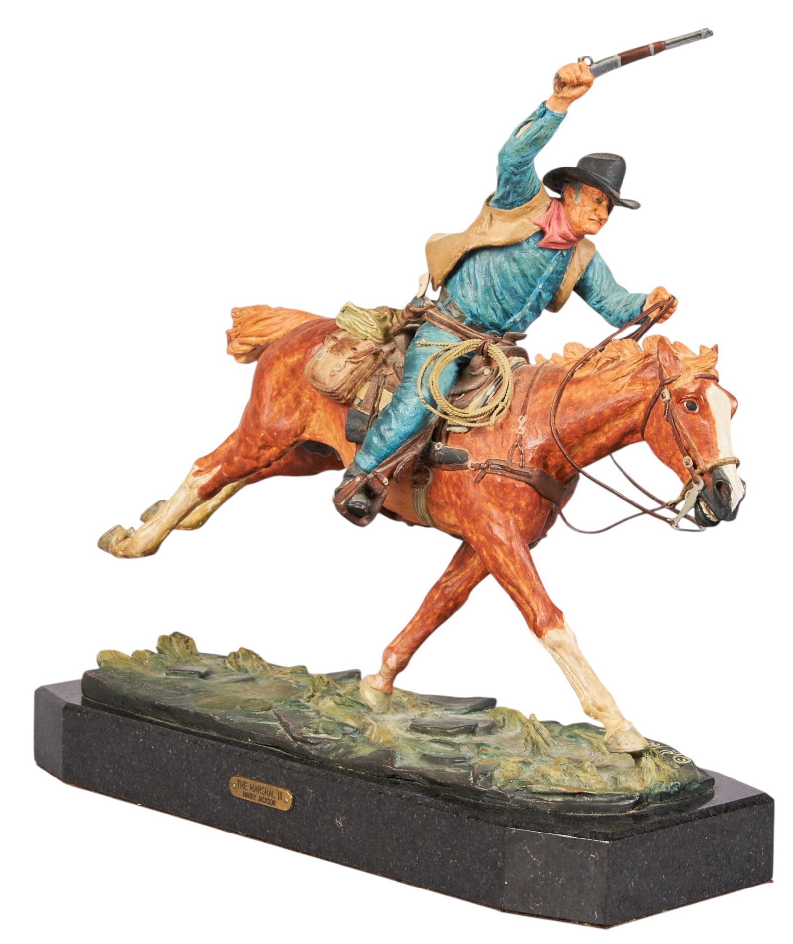 Harry Jackson, "The Marshall": Harry Andrew Jackson (Amer., 1924-2011), "The Marshall", artist-cast polychrome bronze sculpture on stone base, with incised signature, edition number 85P, and date, 1979 (and