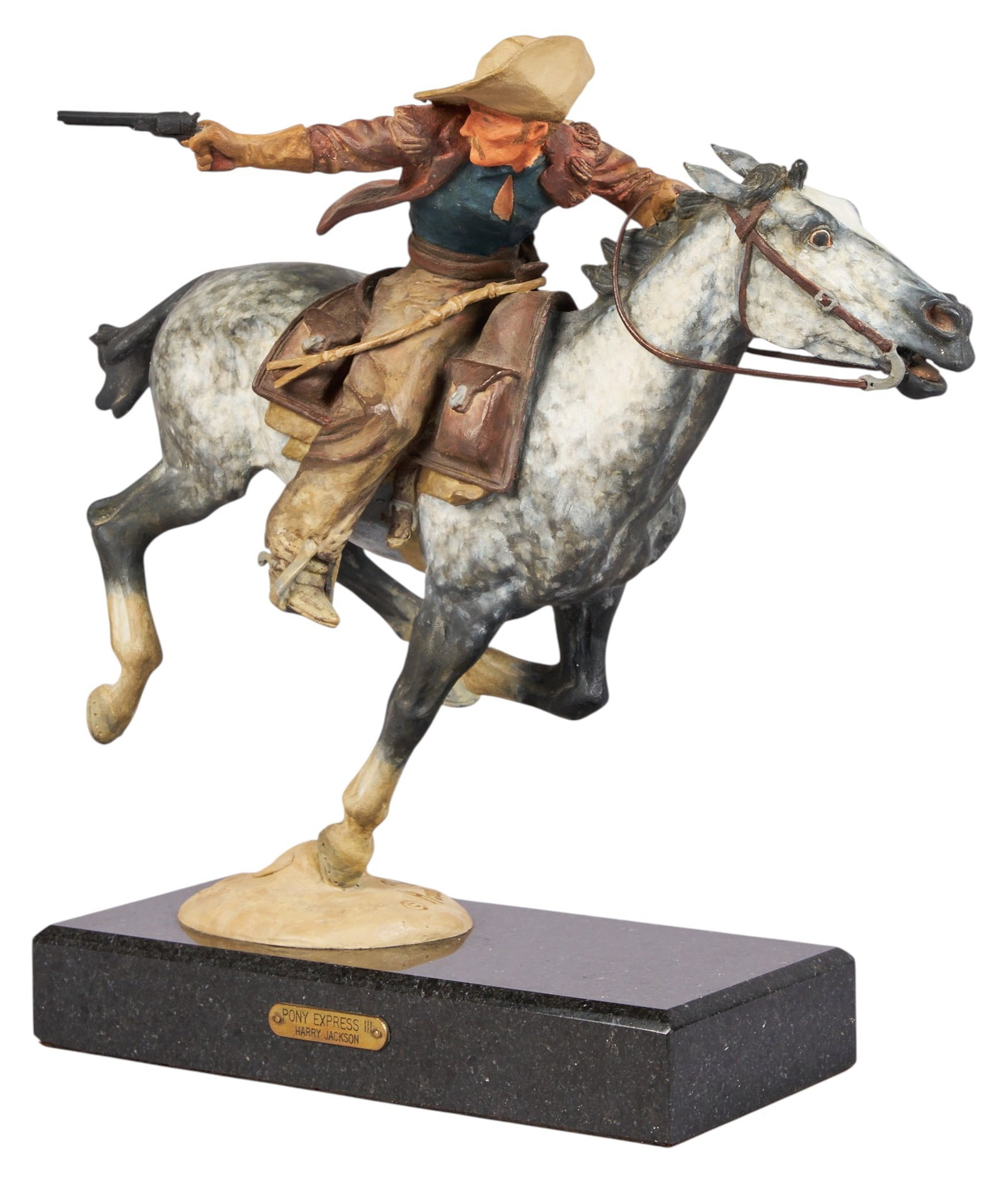 Harry Jackson, "Pony Express III": Harry Andrew Jackson (Amer., 1924-2011), "Pony Express III", artist's proof polychrome bronze sculpture on stone base, with incised signature, edition number 7 AP, and date, 1977