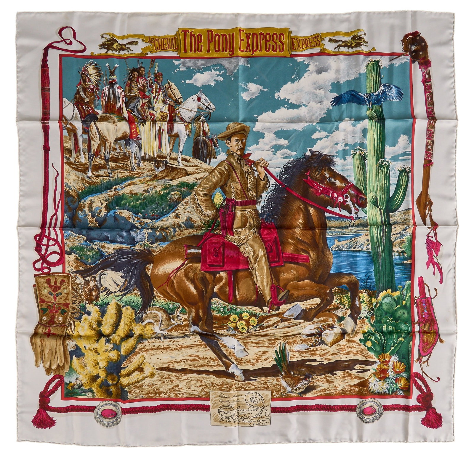 Kermit Oliver / Hermès, "Pony Express" Scarf: Kermit Oliver (Texas, b. 1943) designing for Hermès Paris, "The Pony Express -- Le Cheval Express", silk square scarf with white border, includes Hermès box square 34 in.