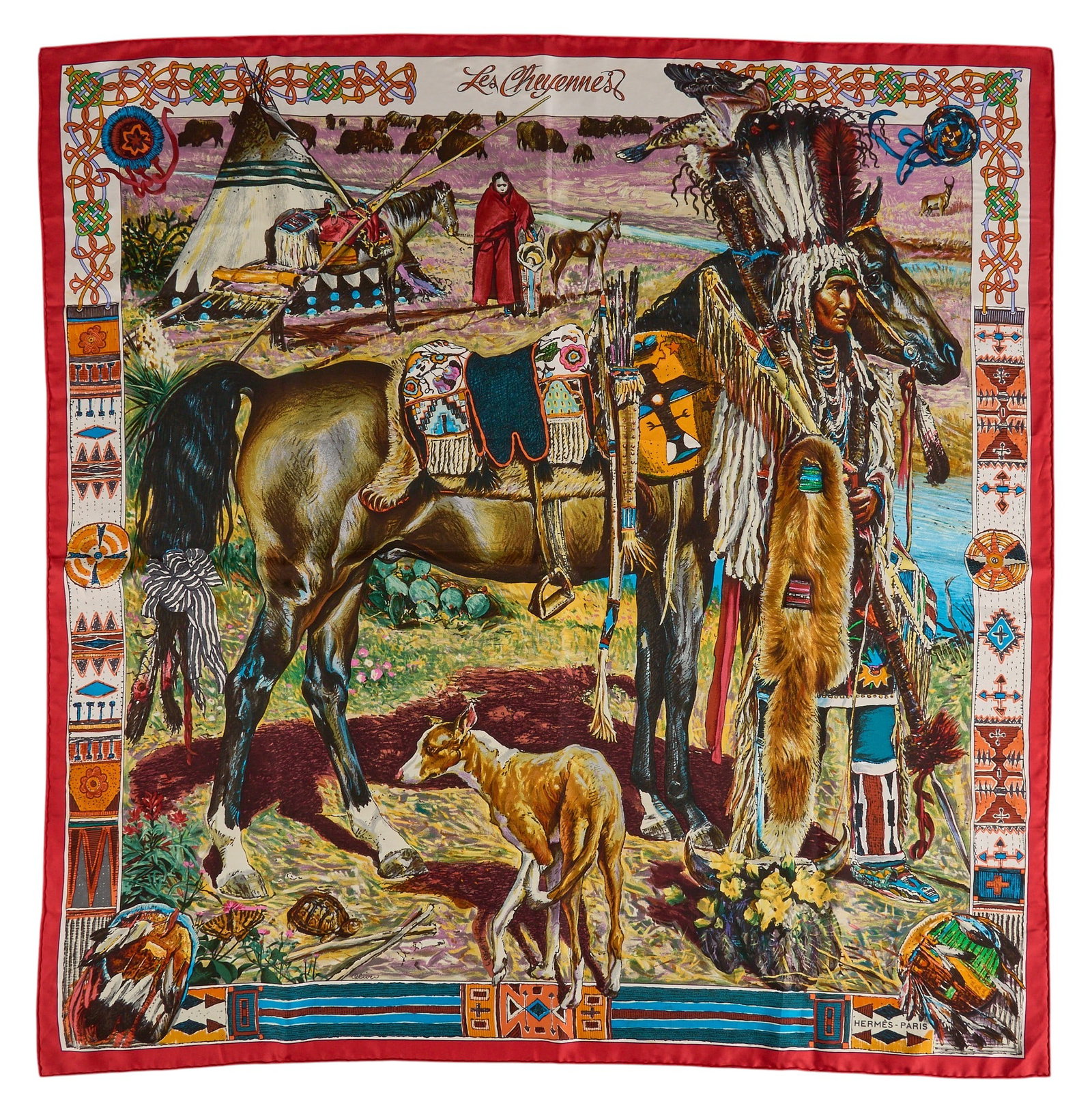 Kermit Oliver / Hermès, "Les Cheyennes" Scarf: Kermit Oliver (Texas, b. 1943) designing for Hermès Paris, "Les Cheyennes", silk square scarf with red border, includes Hermès box square 34 in. (90cm carré)