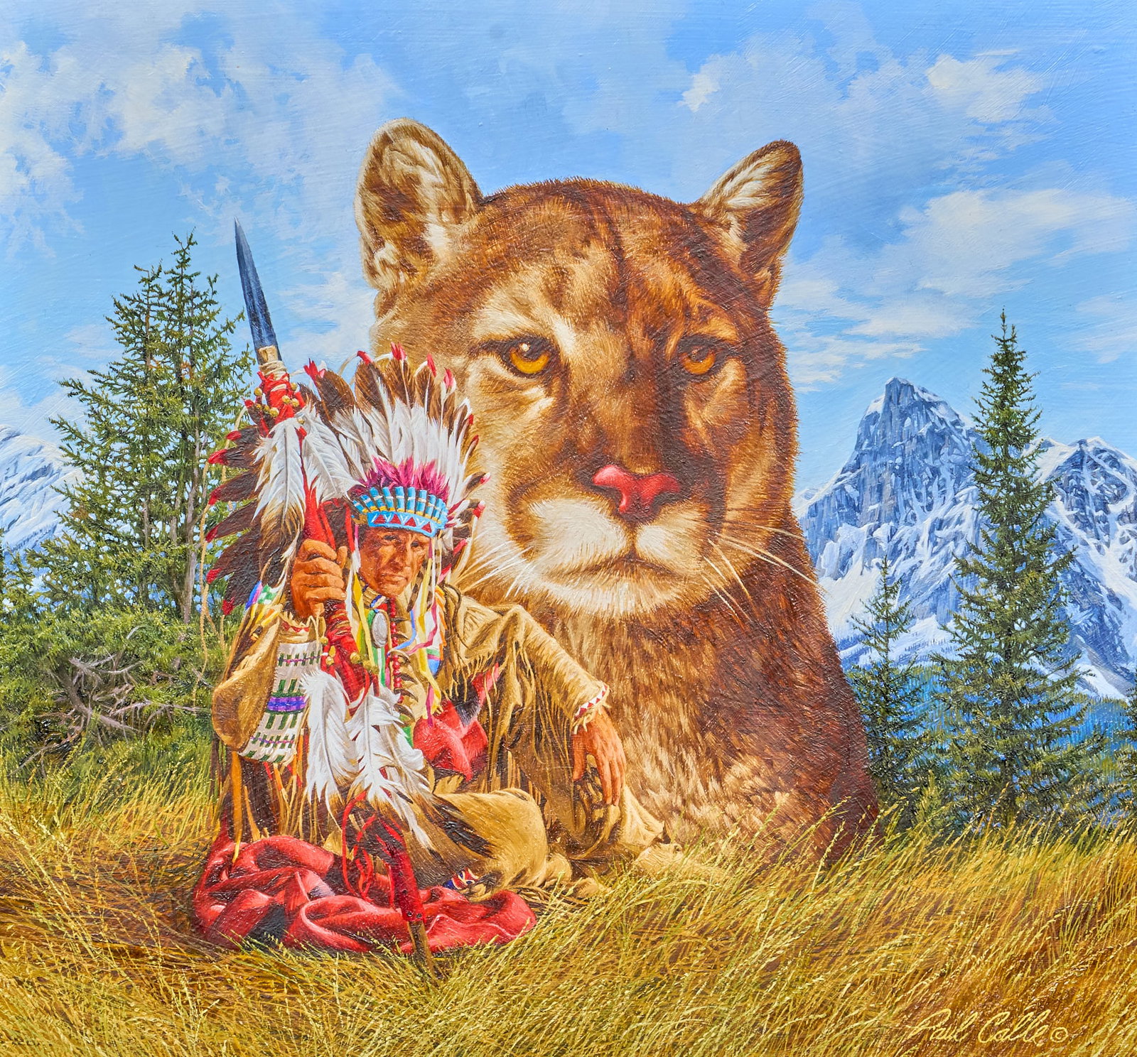 Paul Calle, "My Brother the Cougar": Paul Calle (Amer., 1928-2010), "My Brother... The Cougar", oil on panel, signed lower right, signed again on the verso, Prix de West Invitational tag affixed to verso sight: