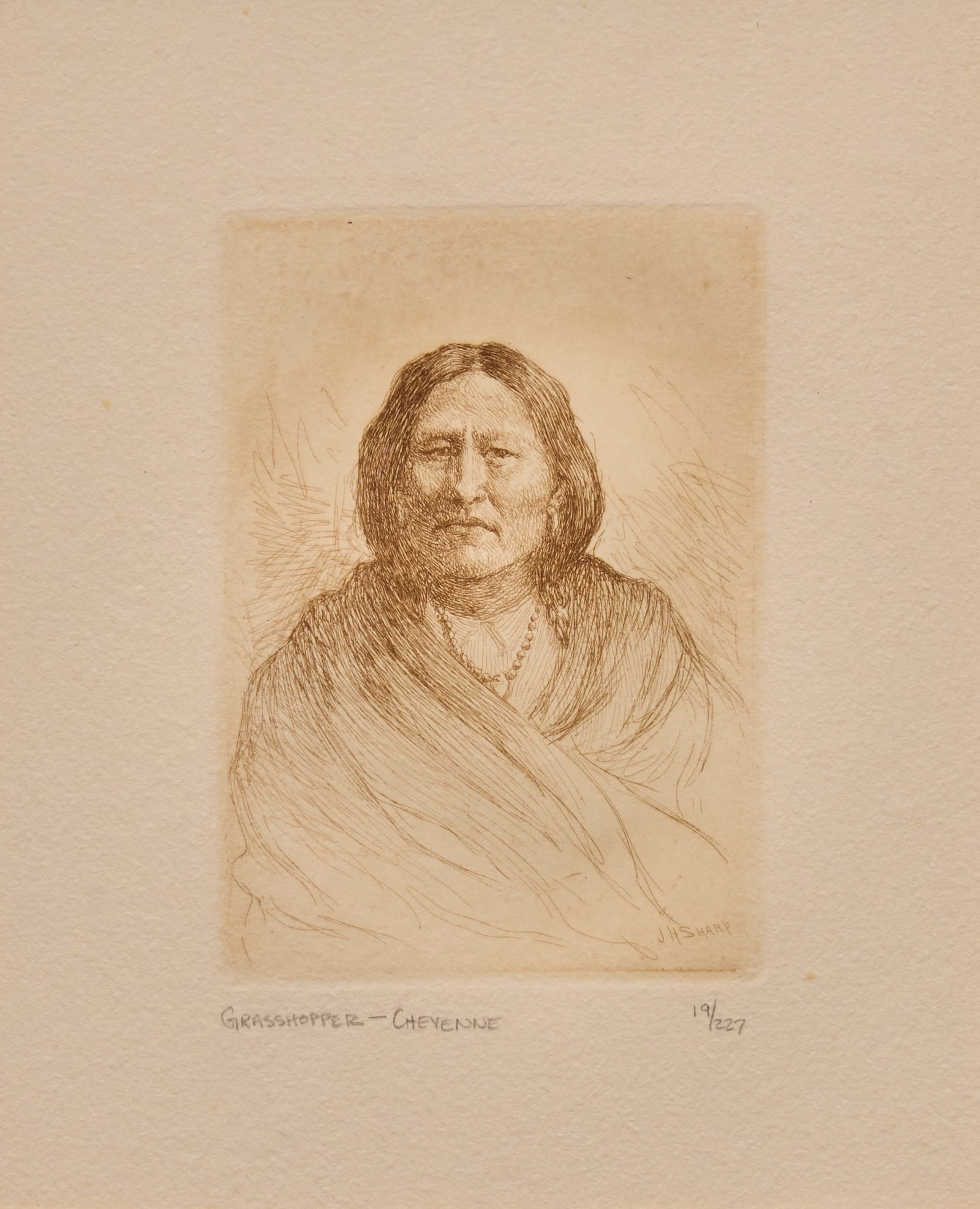Joseph Henry Sharp, "Grasshopper - Cheyenne": Joseph Henry Sharp (Amer., 1859-1953), "Grasshopper - Cheyenne", etching, signed in the plate, title and edition number written in pencil in the margin, ed. 19/227 sight: 8.5 x 6.5 in.,