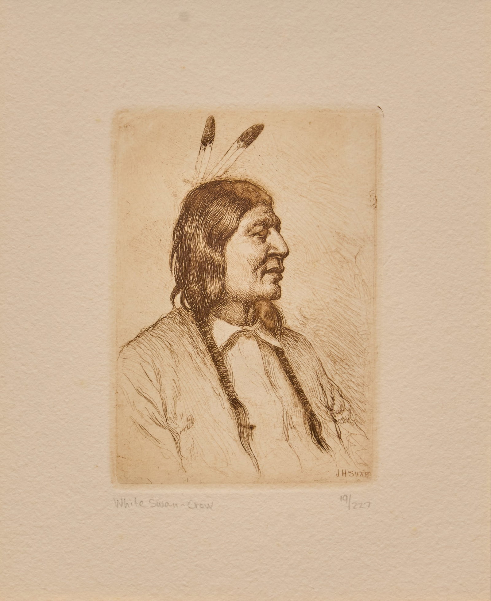 Joseph Henry Sharp, "White Swan-Crow": Joseph Henry Sharp (Amer., 1859-1953), "White Swan-Crow", etching, signed in the plate, title and edition number written in pencil in the margin, ed. 19/227 sight: 8.5 x 6.5 in., frame: 21 x