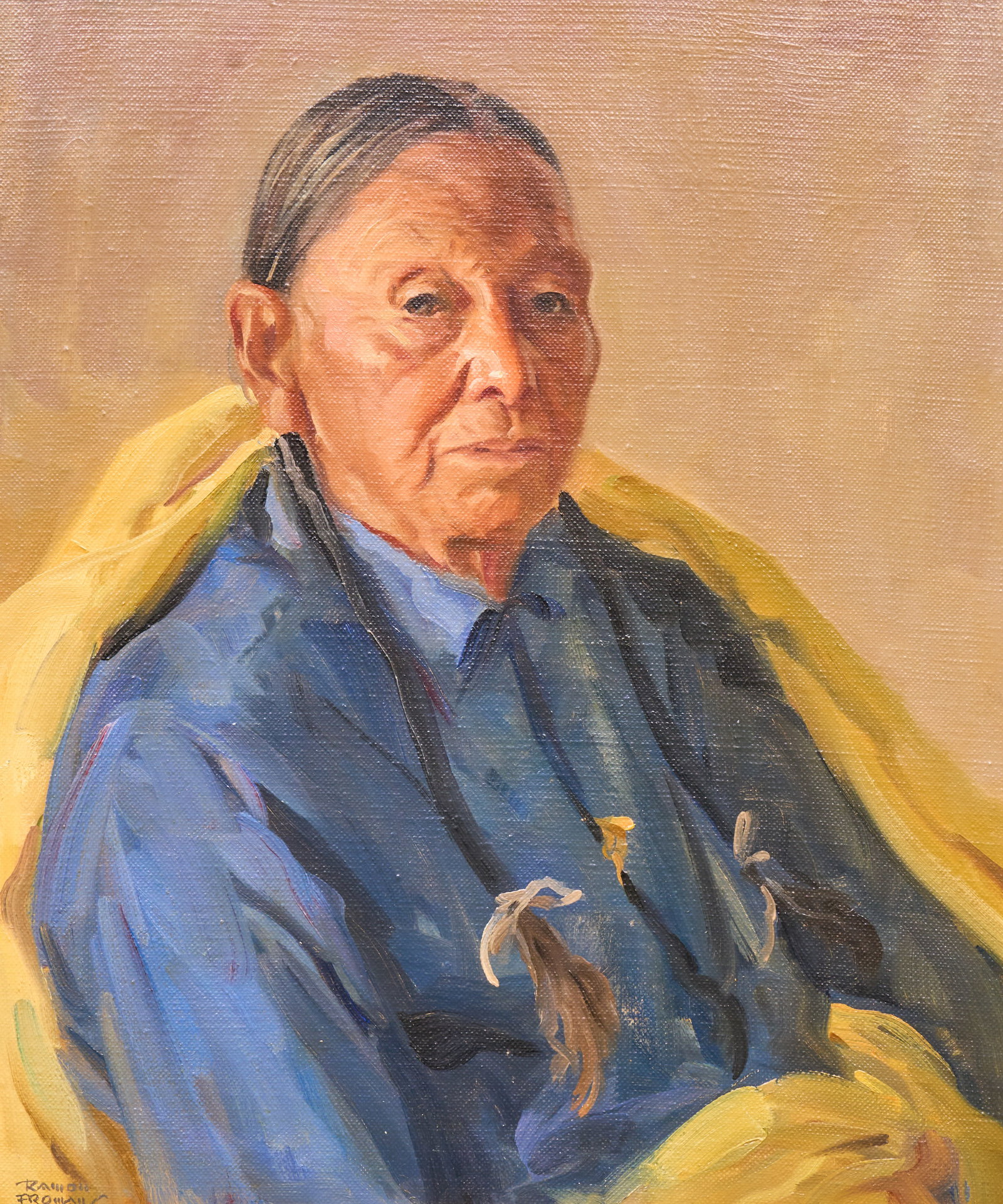 Ramon Froman, Portrait of Ben Couse Lujan: Ramon Mitchell Froman (Texas / New Mexico, 1908-1980), portrait of Ben Couse Lujan (favorite model of Eanger Irving Couse), oil on canvas, signed lower left, with letters on the verso: -Taos Art