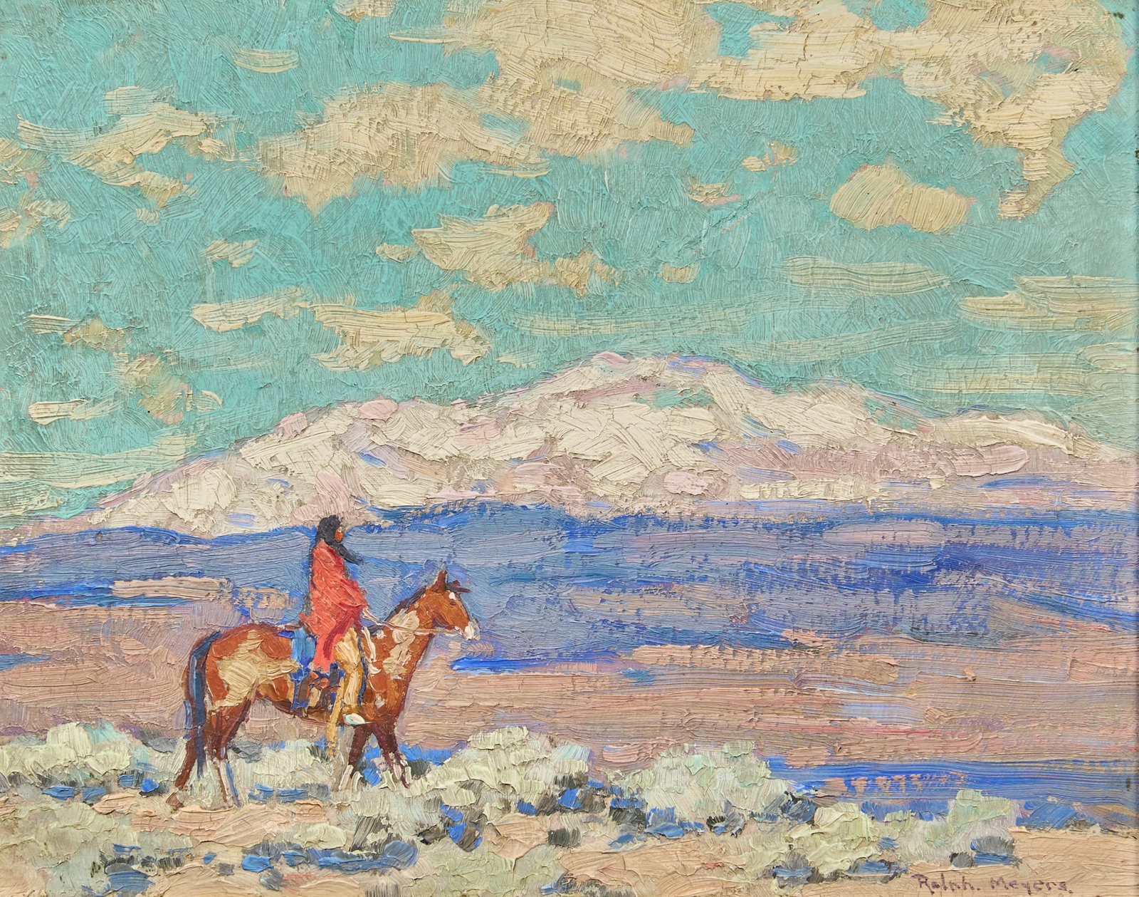 Ralph Meyers, Native American on Horseback: Ralph Waldo Emerson Meyers (Michigan / New Mexico, 1885-1948), Native American on horseback, oil on panel, signed lower right sight: 8 x 9 in., frame: 10 x 12 in. Provenance: The Estate of