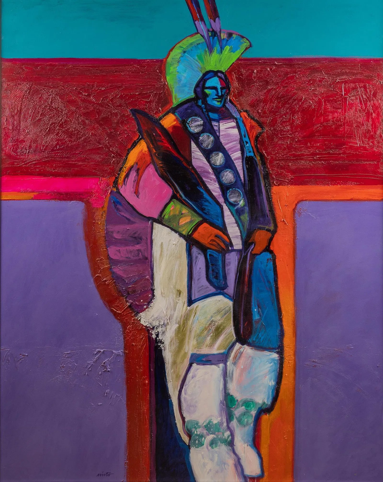 John Nieto, "Lakota Dancer": John Nieto (Texas / New Mexico, 1936-2018), "Lakota Dancer", acrylic on canvas, signed lower left, signed again and titled on the top stretcher bar, and dated 1985 sight: 60 x 48 in., frame: