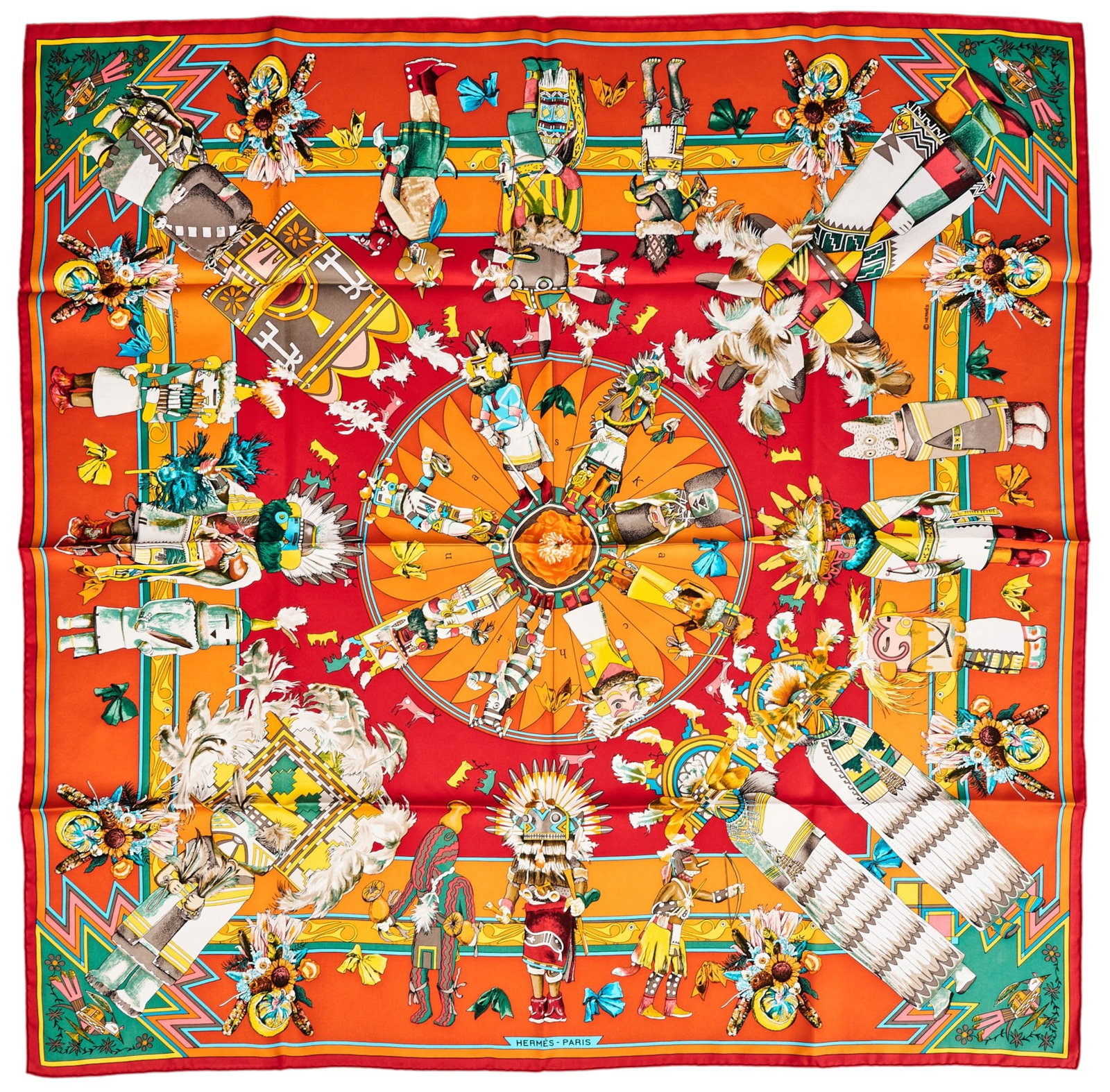 Kermit Oliver / Hermès, "Kachinas" Scarf: Kermit Oliver (Texas, b. 1943) designing for Hermès Paris, "Kachinas", silk square scarf with red and orange colorway, includes Hermès box square 34 in. (90cm