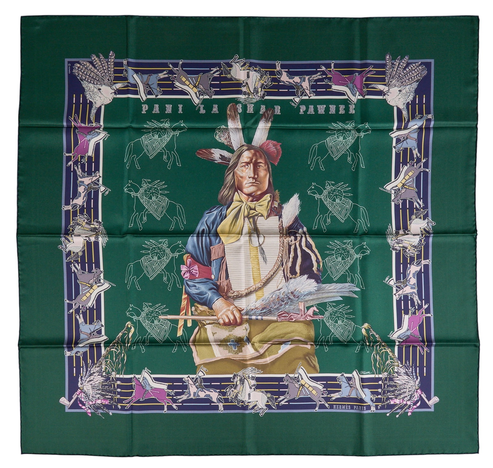 Kermit Oliver / Hermès, "Pani La Shar Pawnee" Double-Sided Scarf: Kermit Oliver (Texas, b. 1943) designing for Hermès "Pani La Shar Pawnee" double-sided silk scarf; one side in dark green colorway and other side in navy colorway square 34 in.
