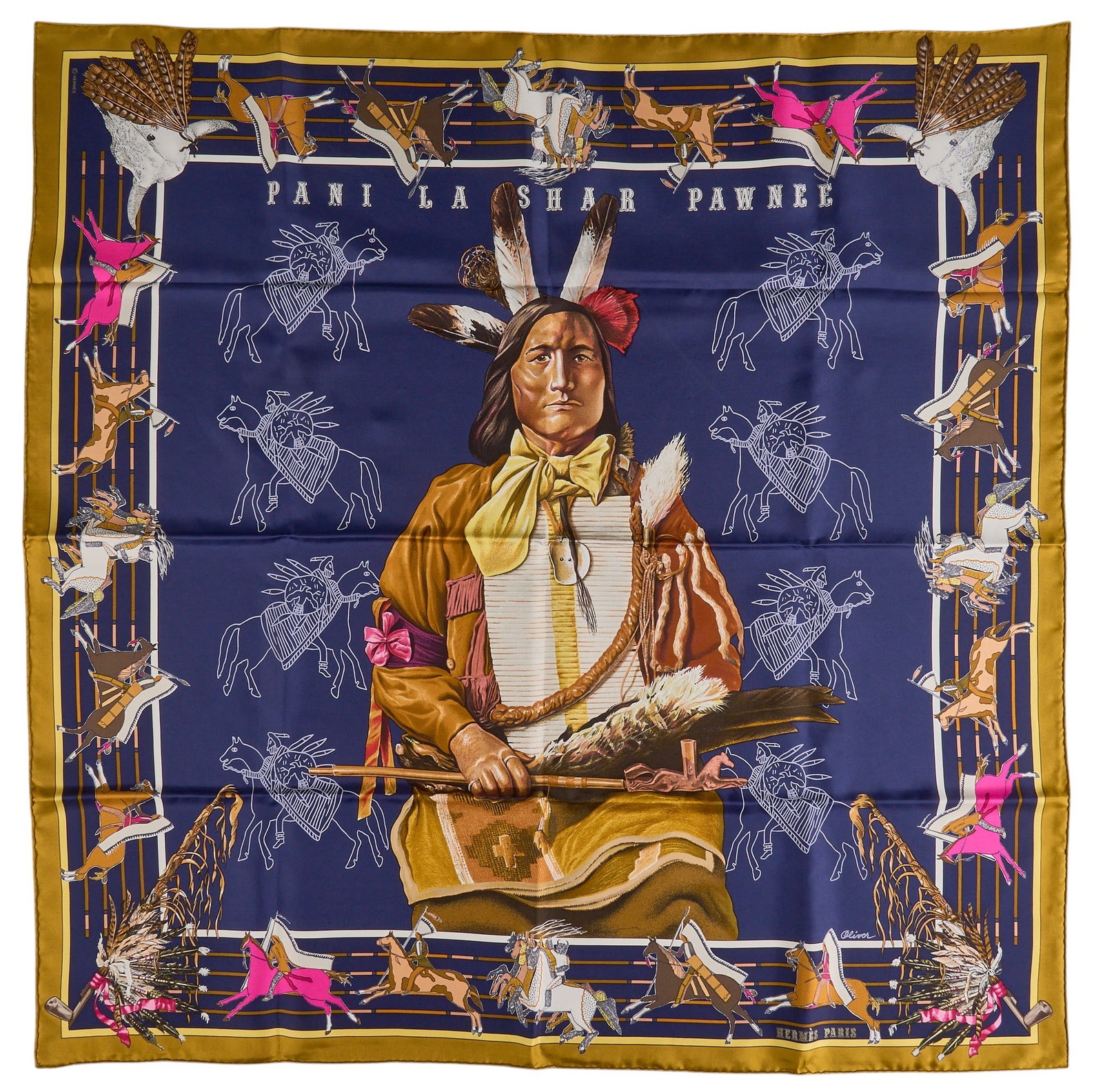 Kermit Oliver / Hermès, "Pani La Shar Pawnee" Scarf: Kermit Oliver (Texas, b. 1943) designing for Hermès Paris, "Pani La Shar Pawnee", silk square scarf in a dark blue colorway, includes Hermès box square 34 in. (90cm