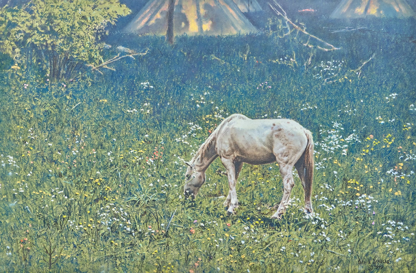 David Sanders, "Teepees and Gray Horse": David Sanders (Texas, 1936-2013), "Teepees and Gray Horse", pastel on paper, signed and dated lower right, 1979 sight: 24 x 36 in., frame: 34 x 44 in. Provenance: