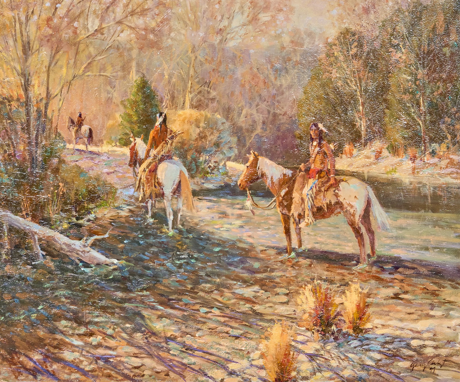 Gary Artzt, "Creek Crossing": Gary Artzt (Texas, 1935-2001), "Creek Crossing", oil on canvas, signed and dated lower right, 1997 sight: 20 x 24 in., frame: 31 x 35 in. Provenance: Property from a Florissant,