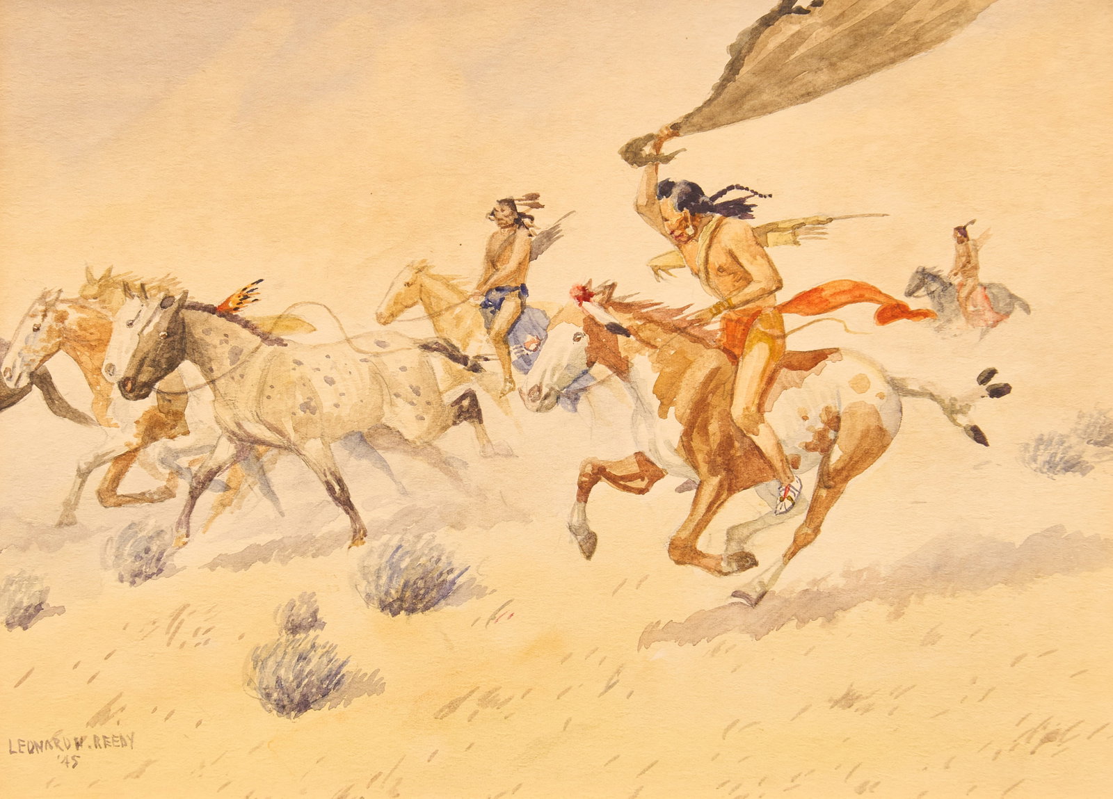 Leonard Reedy, "Horse Stealing Raid": Leonard Howard Reedy (Illinois, 1899-1956), "Horse Stealing Raid", watercolor on paper, signed and dated lower left, 1945 sight: 8 x 11 in., frame: 14.75 x 16.75 in. Provenance: