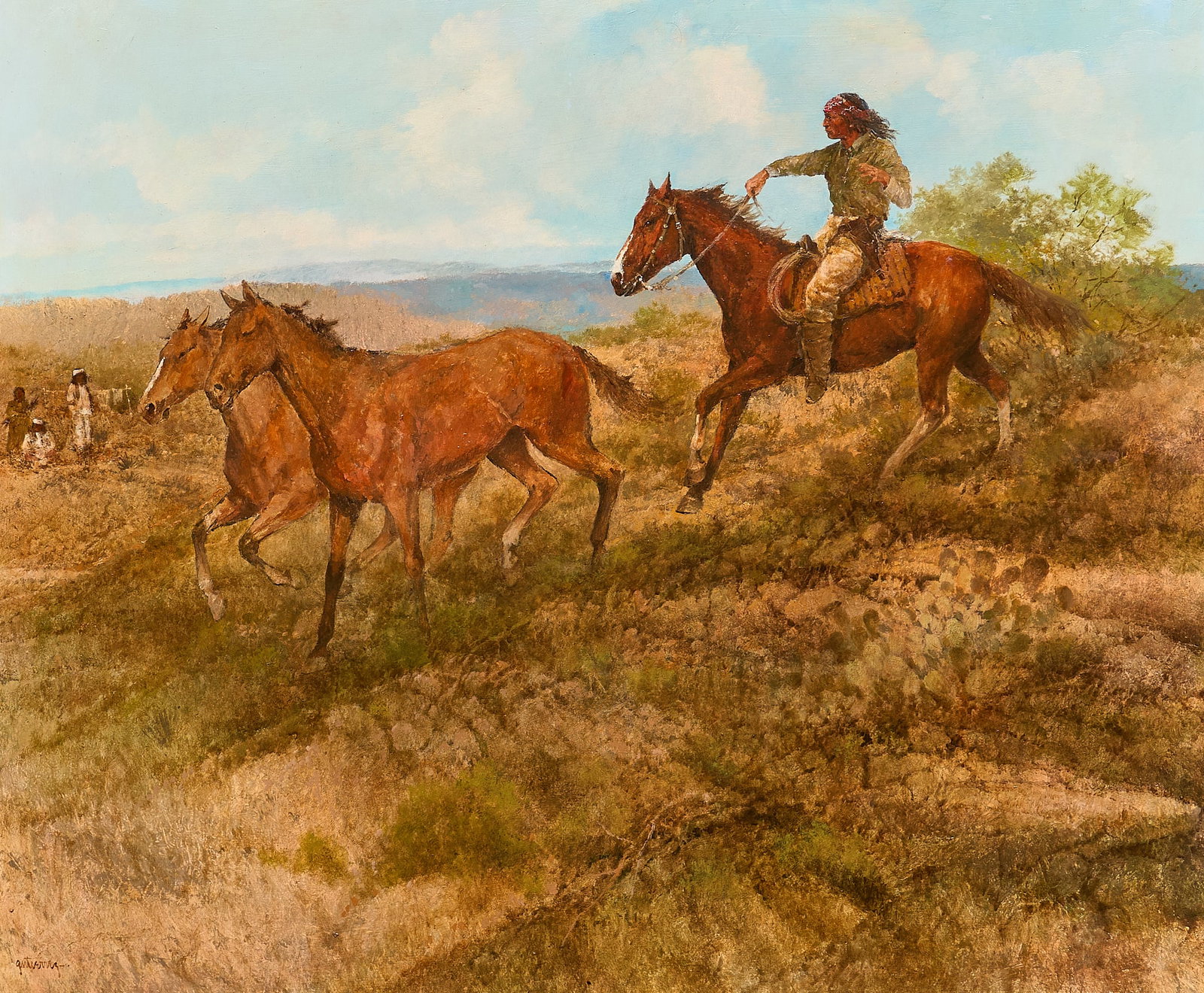 Raul Gutierrez, Native Figure on Horseback: Raul Gutierrez (Texas, b. 1935), Native figure on horseback with two ponies, acrylic on board, signed lower left sight: 30 x 36 in., frame: 36 x 42 in. Provenance: Property from the