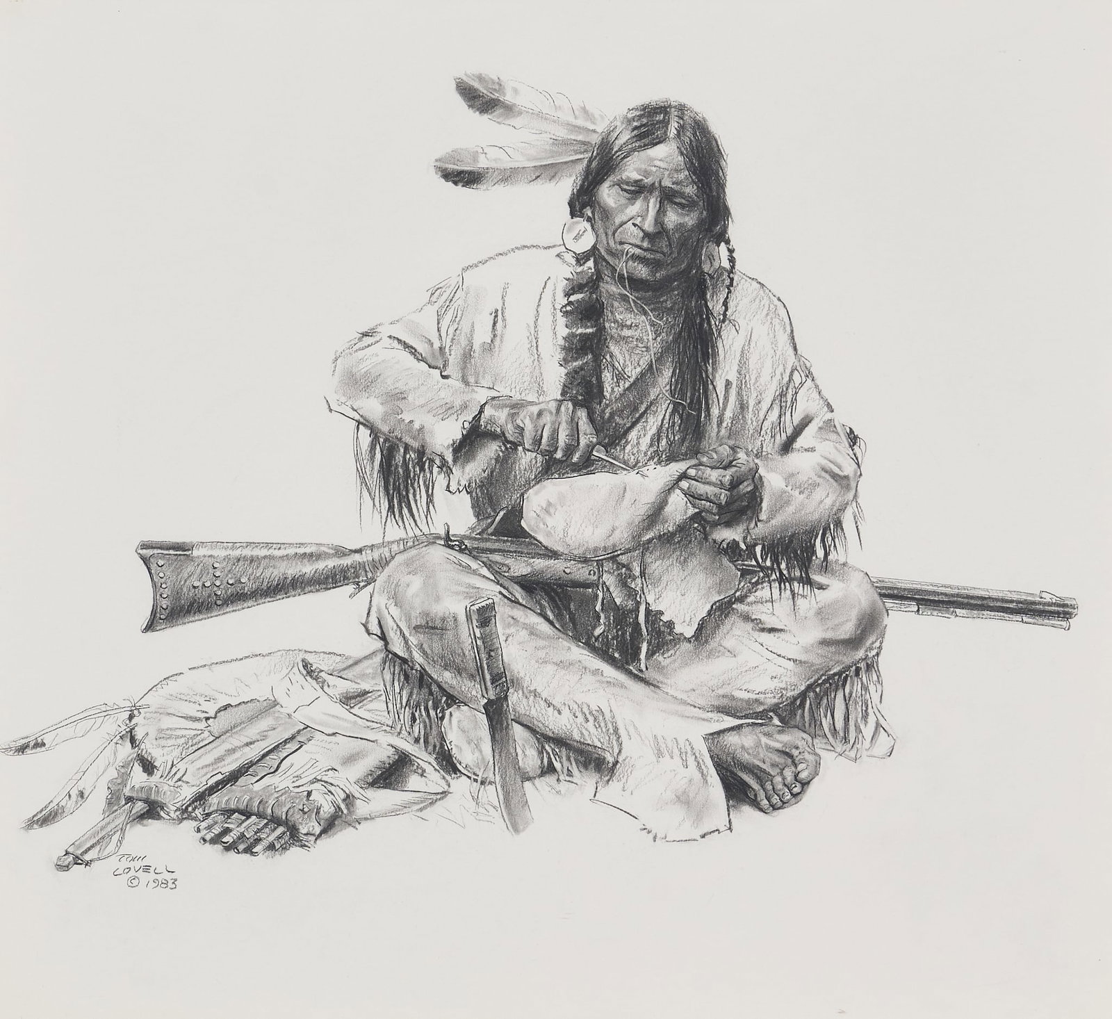 Tom Lovell, "The Long War Path": Tom Lovell (New York / New Mexico, 1909-1997), "The Long War Path", charcoal on paper, signed and dated lower left, 1983, signed again with title and date on verso sight: 23