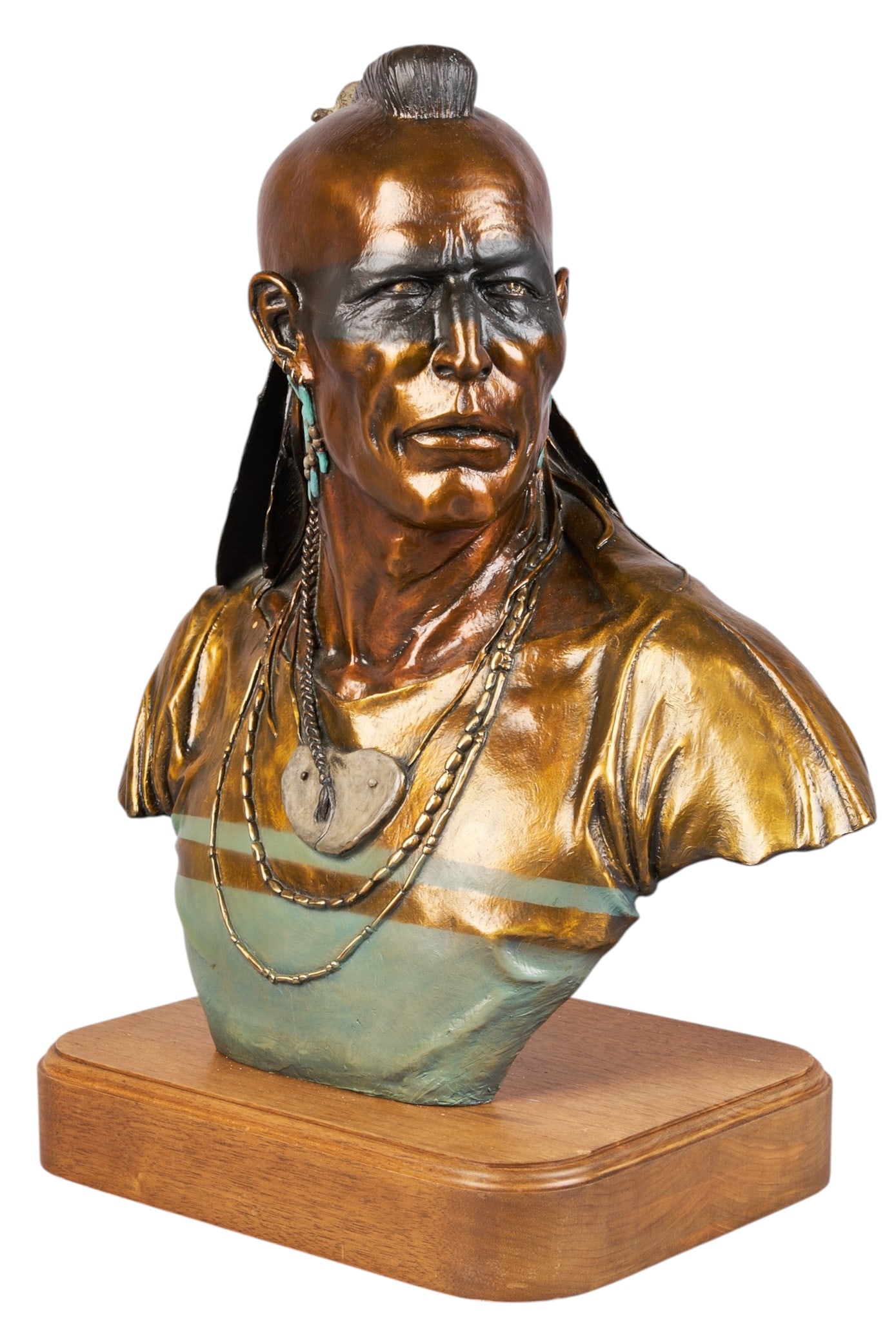 Dan Garrett, Native American Bust: Dan Garrett (Wyoming, b. 1948), bust of a Native American warrior, artist-cast bronze sculpture on wooden base, with incised signature, edition number 5/50, and date, 1993 height 23 in. x