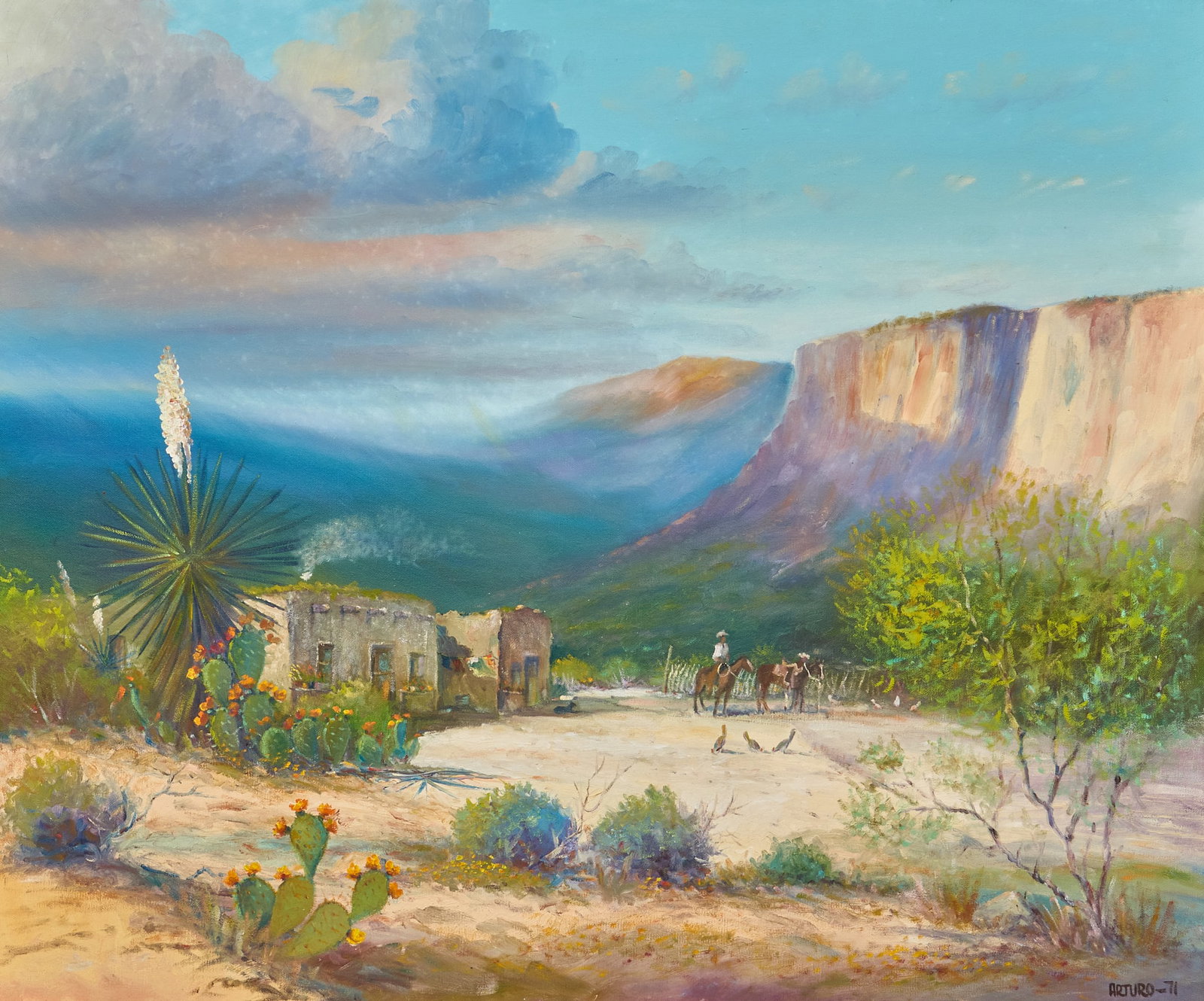 Arturo Mercado, Adobe Home with Cowboy: Arturo Mercado (Texas, 1938-2015), cowboy near adobe home in the desert, oil on canvas, signed and dated lower right, 1971 sight: 30 x 36 in., frame: 38.5 x 44.5 in. Provenance: Property