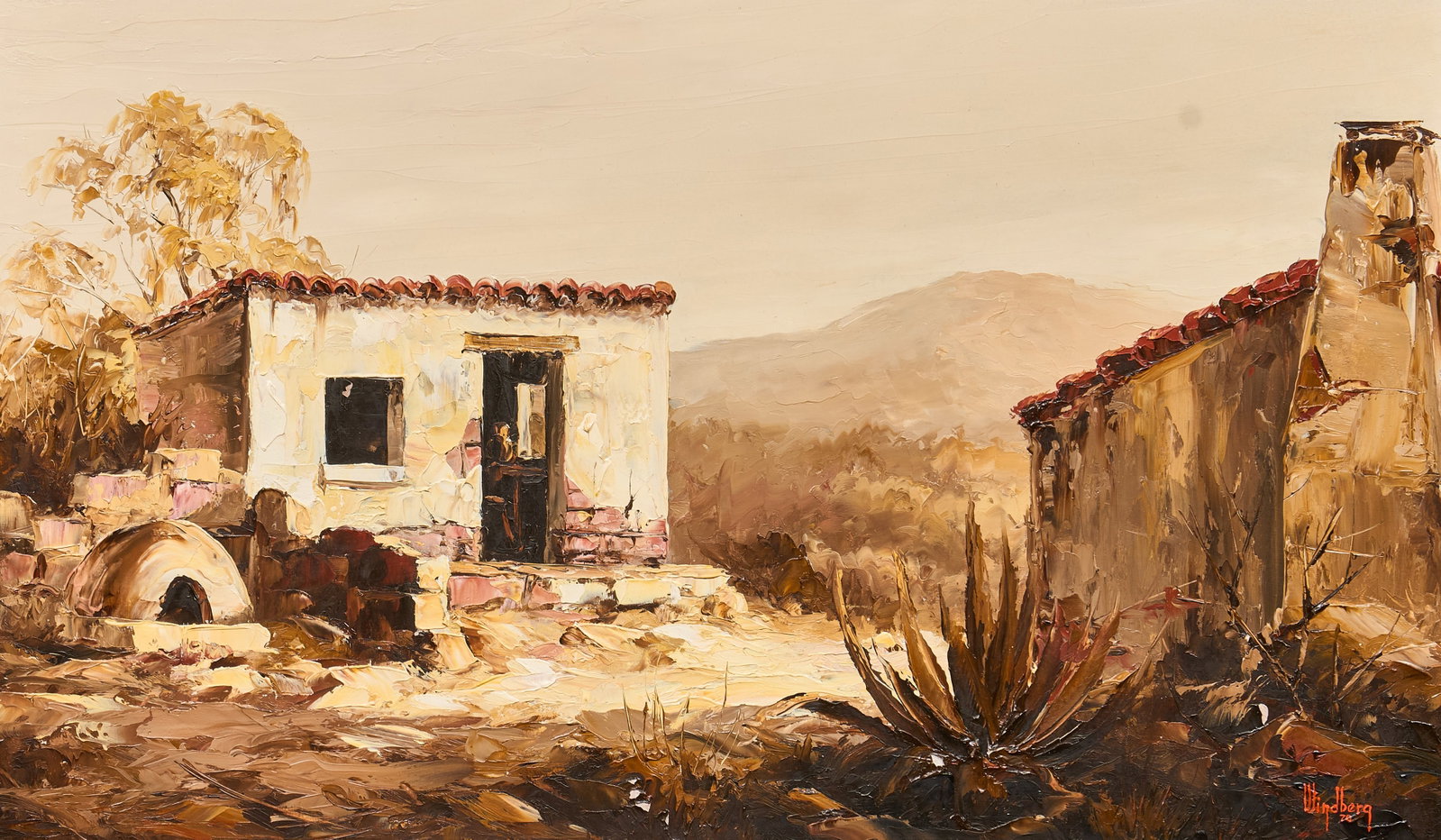 Dalhart Windberg, Southwest Home: Dalhart Windberg (Texas, b. 1933), Southwest home with agave plant, oil on masonite, palette knife technique, signed and dated lower right, 1970 sight: 12 x 20 in., frame: 18.5 x 26.5 in.