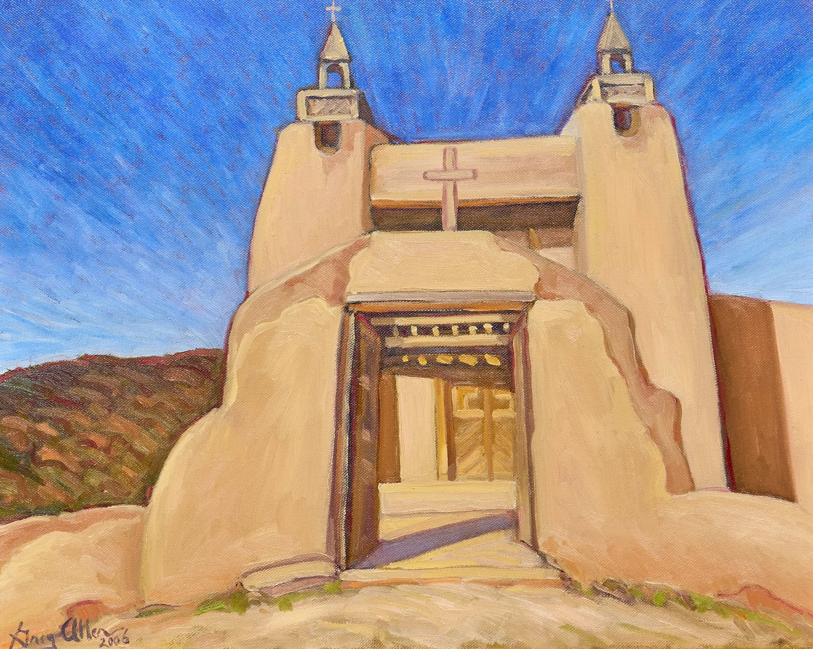 Greg Allen, "San Jose de Gracia": Greg V. Allen (New Mexico / Texas, b. 20th C.), "San Jose de Gracia" (historic church on the main plaza of Las Trampas New Mexico), oil on canvas, signed and dated lower left, 2006, artist&#