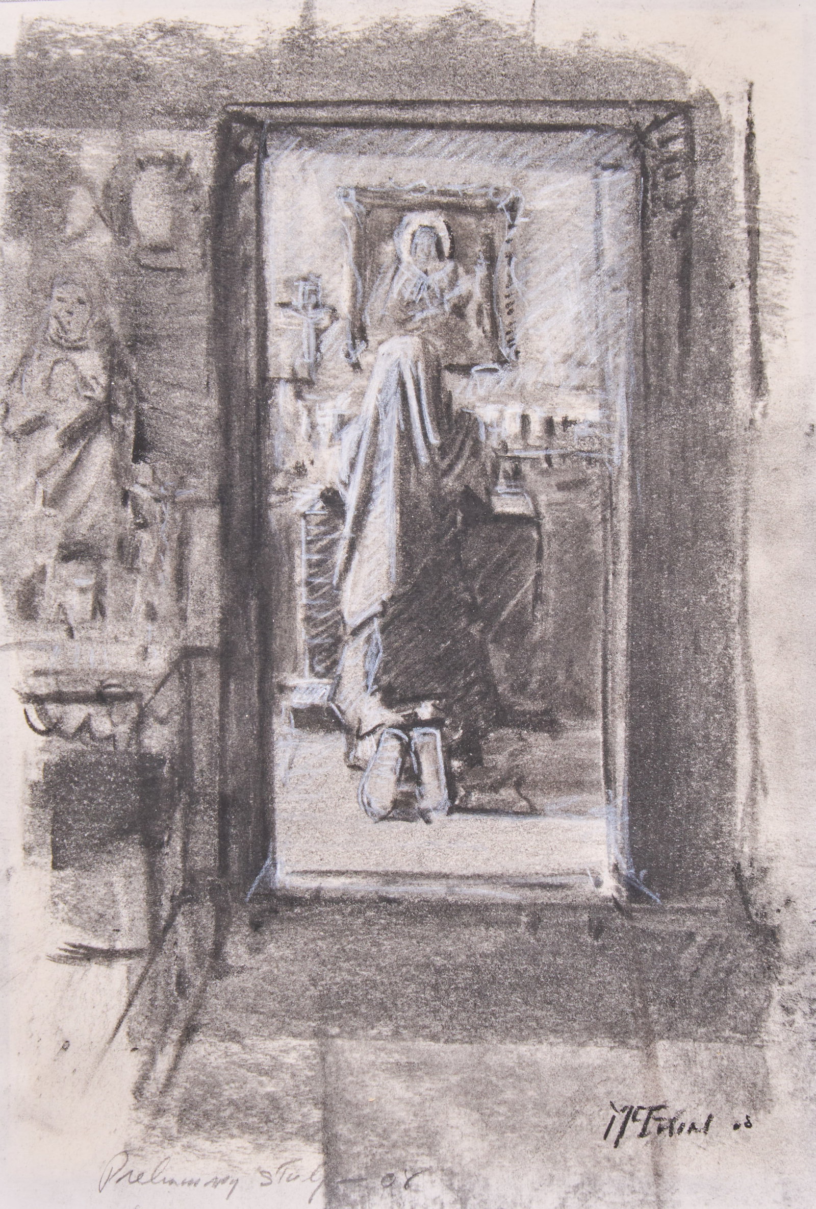 Buck McCain, "Chimayo" Preliminary Charcoal Sketch: Buck McCain (California / Arizona, b. 1943), "Chimayo" preliminary sketch, charcoal and white chalk on paper, signed and dated lower right, 2008 sight: 17 x 11 in., frame: 25 x 17 in.