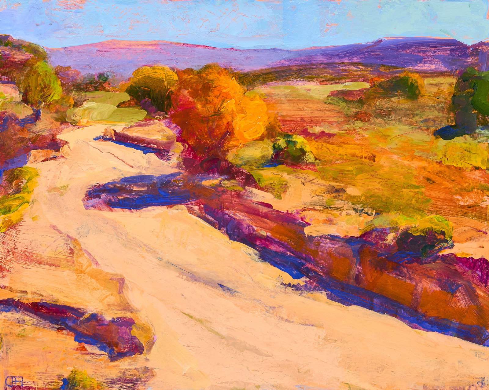 Gregory Frank Harris, "Arroyo Shadows, Pojoaque": Gregory Frank Harris (New Mexico, b. 1953), "Arroyo Shadows, Pojoaque" (New Mexico), acrylic on panel, signed lower left, signed again on the verso, also titled and dated 2023