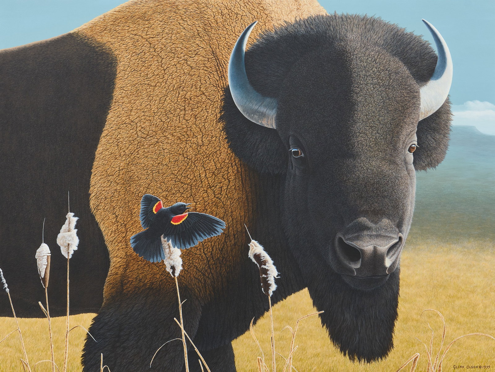 Glenn Olson, "David and Goliath, Blackbird – Bison": Glenn Olson (Canada, b. 1945), "David and Goliath, Blackbird – Bison", acrylic on canvas, signed and dated lower right, 1999 sight: 36 x 48 in., frame: 47.5 x 59.5 in. Provenance: