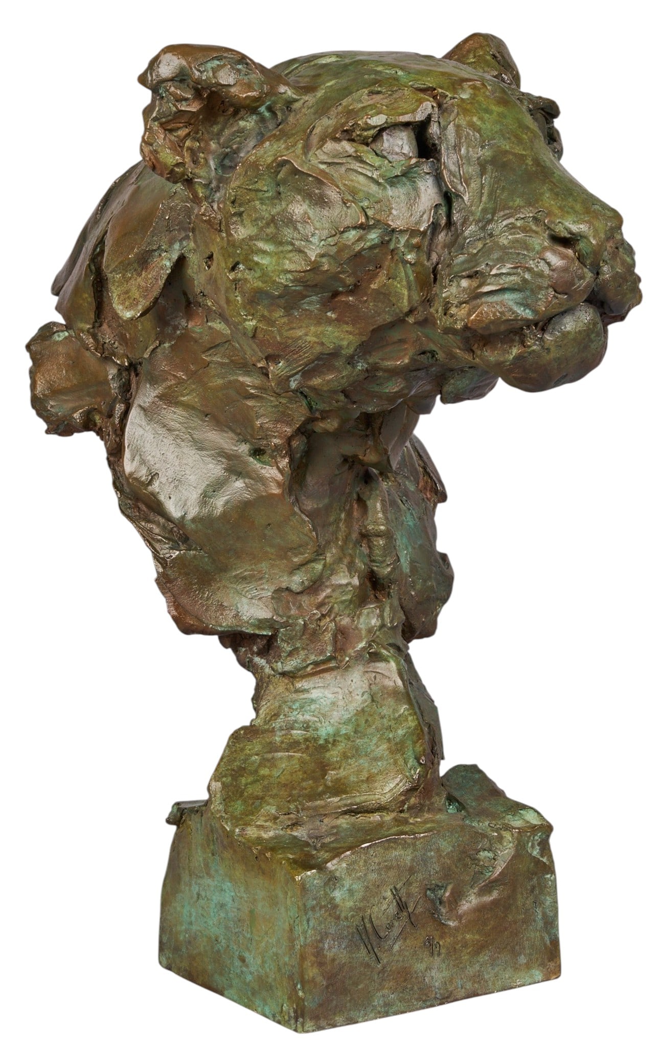 Mark Coreth, Leopard's Head Bronze: Mark Coreth (United Kingdom, b. 1958), leopard's head sculpture, artist-cast bronze sculpture on continuous bronze base, with incised signature and edition number 3/9, freestanding height