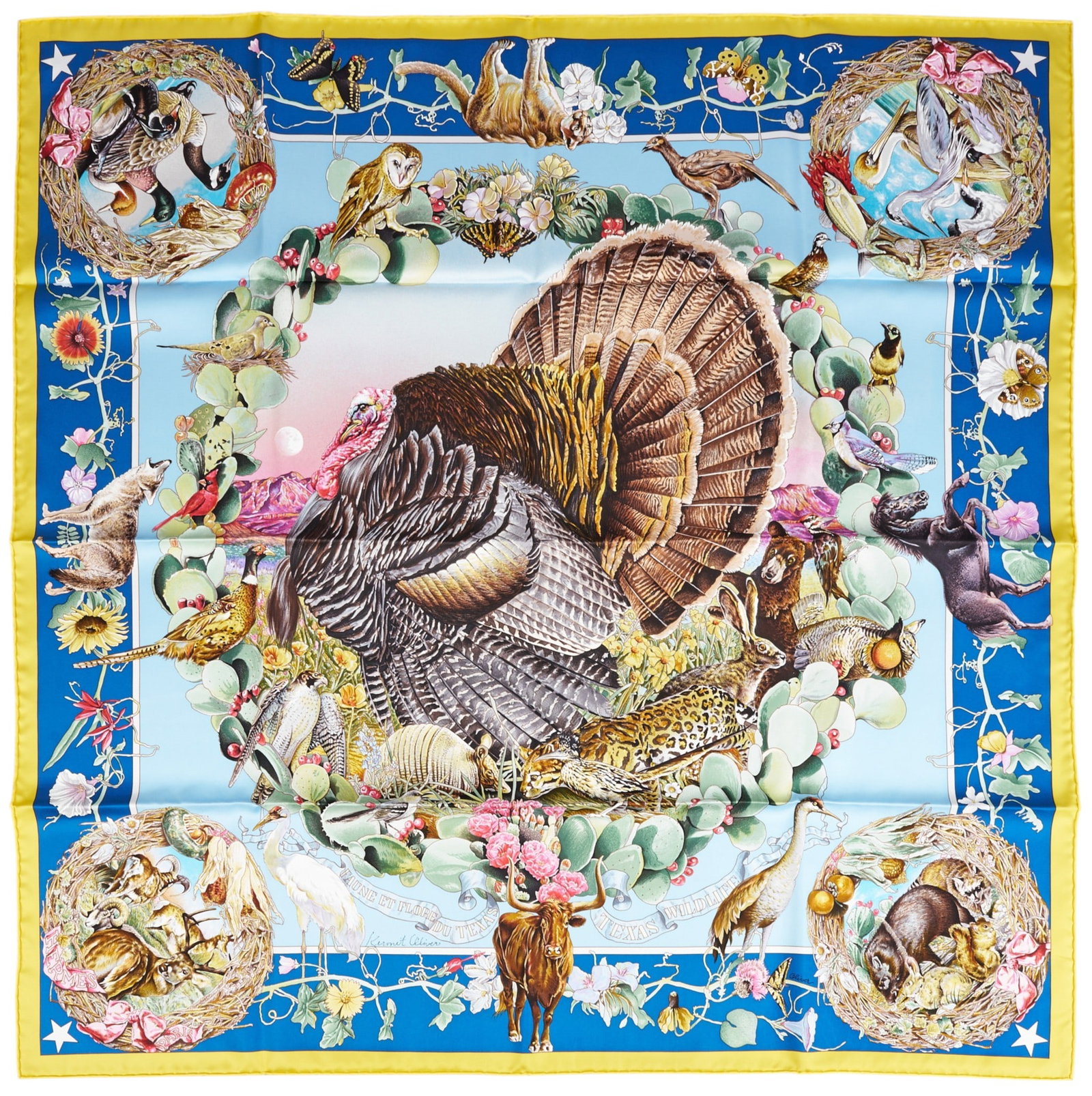 Kermit Oliver / Hermès, "Faune et Flore du Texas" Hand-Signed Scarf: Kermit Oliver (Texas, b. 1943) designing for Hermès Paris, "Faune et Flore du Texas", silk square scarf with blue and yellow colorway, hand-signed by the artist in pen, includes